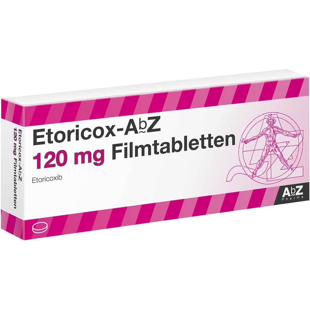Verpackung von ETORICOX AbZ 120 mg Filmtabletten. Rosa und weiße Schachtel mit Produktnamen, Dosierung und Logo.