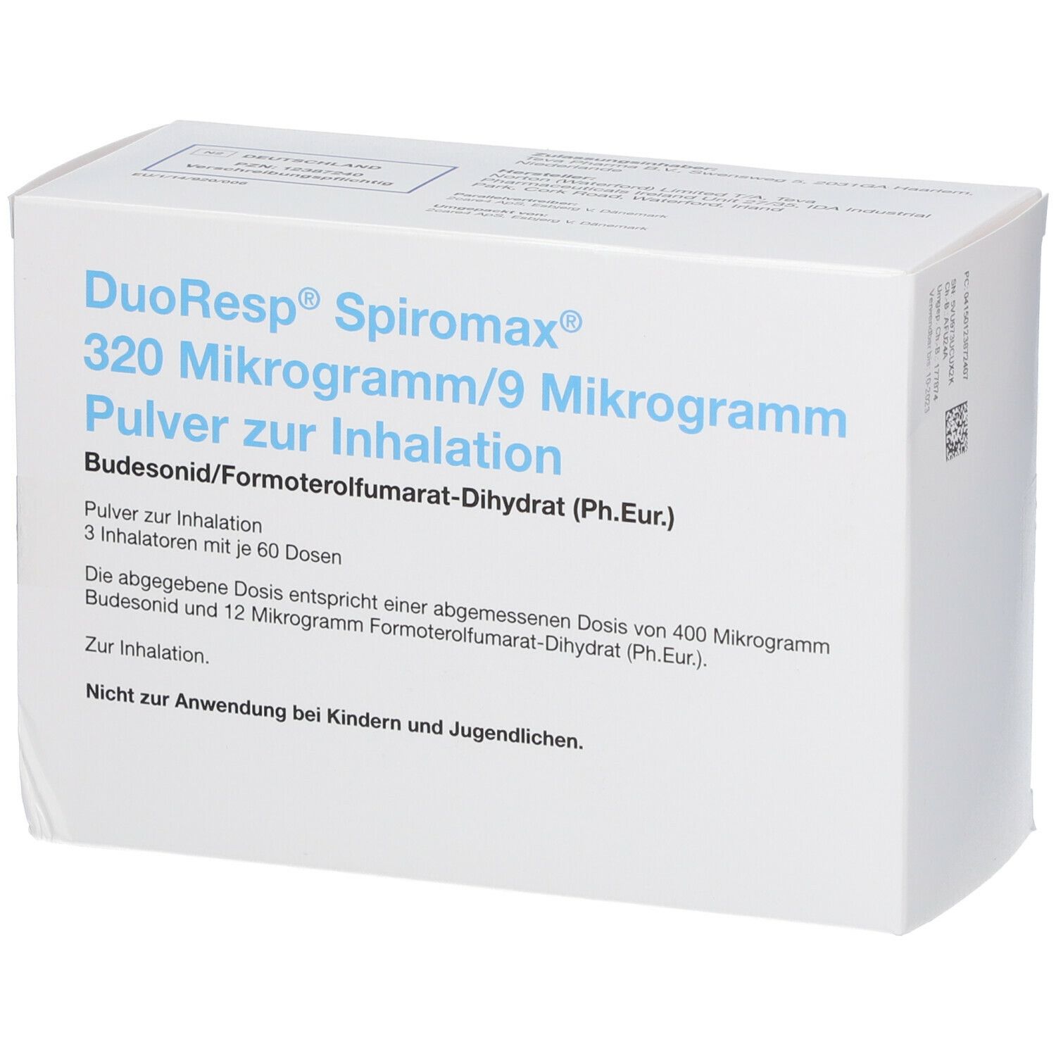 Weiße Arzneimittelverpackung. Aufschrift: DuoResp Spiromax 320 Mikrogramm/9 Mikrogramm Pulver zur Inhalation. Enthält 3 Inhalatoren mit 60 Dosen.