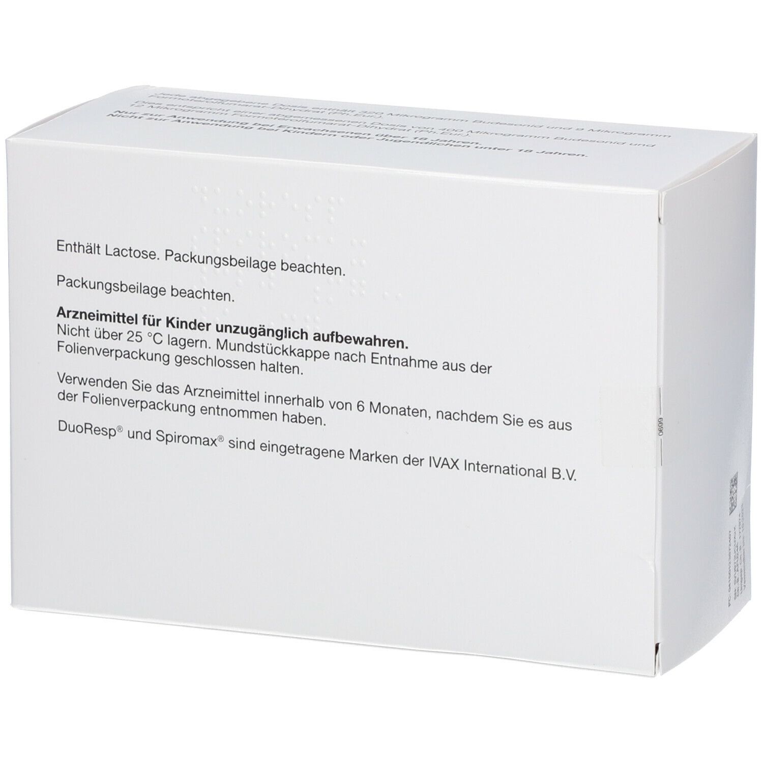 Rückseite der weißen Arzneimittelverpackung. Text: Enthält Lactose. Arzneimittel für Kinder unzugänglich aufbewahren. DuoResp und Spiromax sind eingetragene Marken.