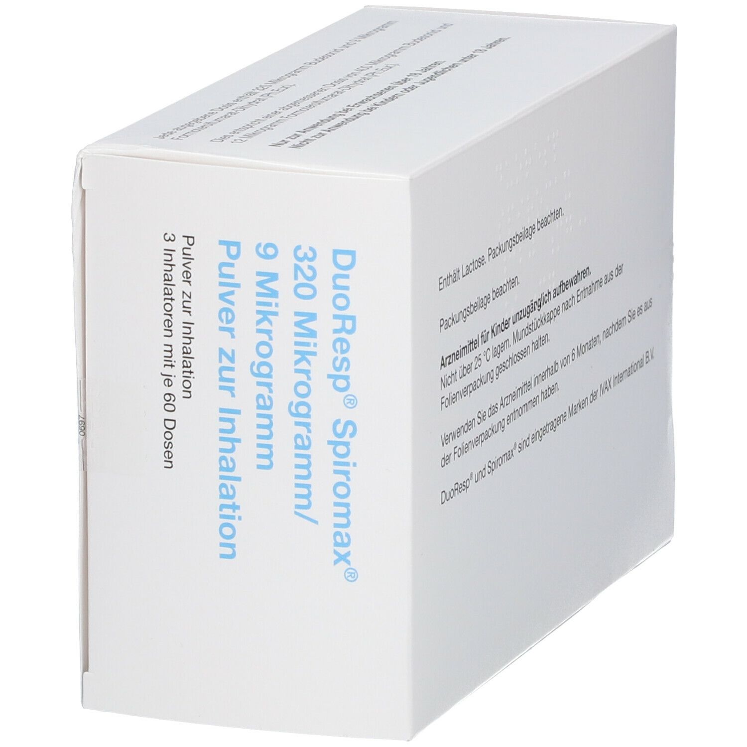 Schräg stehende weiße Arzneimittelverpackung. Aufschrift: DuoResp Spiromax 320 Mikrogramm/9 Mikrogramm Pulver zur Inhalation. 3 Inhalatoren mit 60 Dosen.