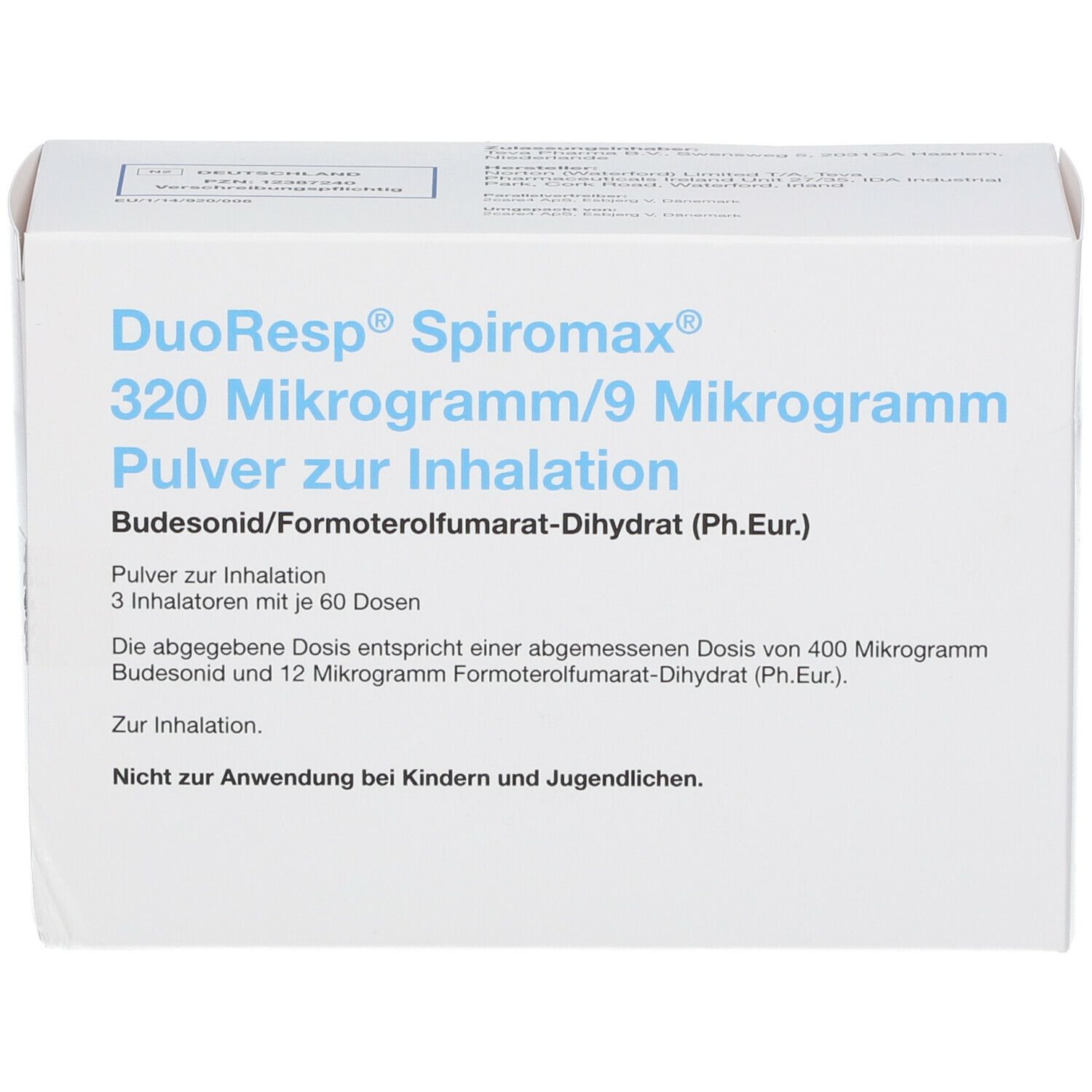 Weiße Arzneimittelverpackung. Aufschrift: DuoResp Spiromax 320 Mikrogramm/9 Mikrogramm Pulver zur Inhalation. 3 Inhalatoren mit 60 Dosen. Budesonid/Formoterolfumarat-Dihydrat.