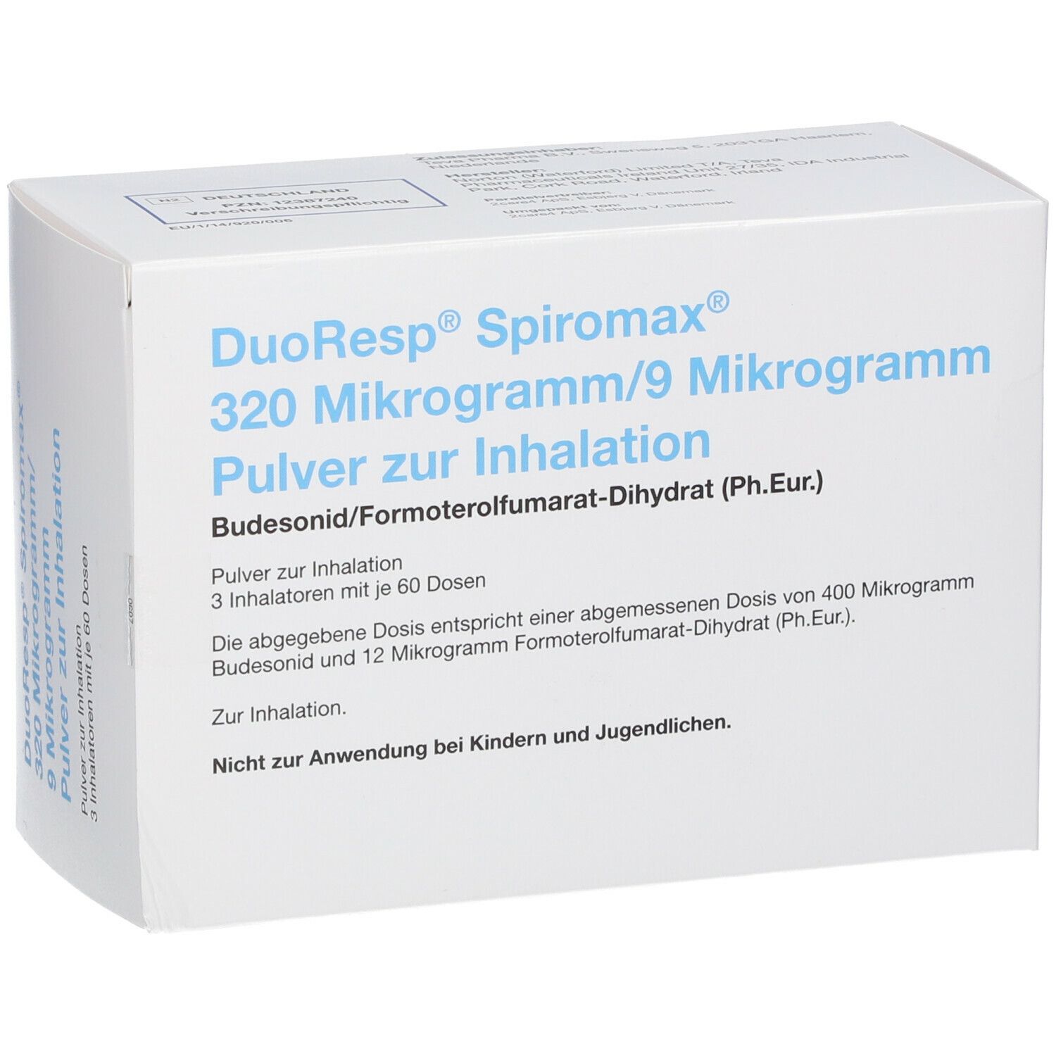 Weiße Arzneimittelverpackung. Aufschrift: DuoResp Spiromax 320 Mikrogramm/9 Mikrogramm Pulver zur Inhalation. 3 Inhalatoren mit 60 Dosen. Budesonid/Formoterolfumarat-Dihydrat.