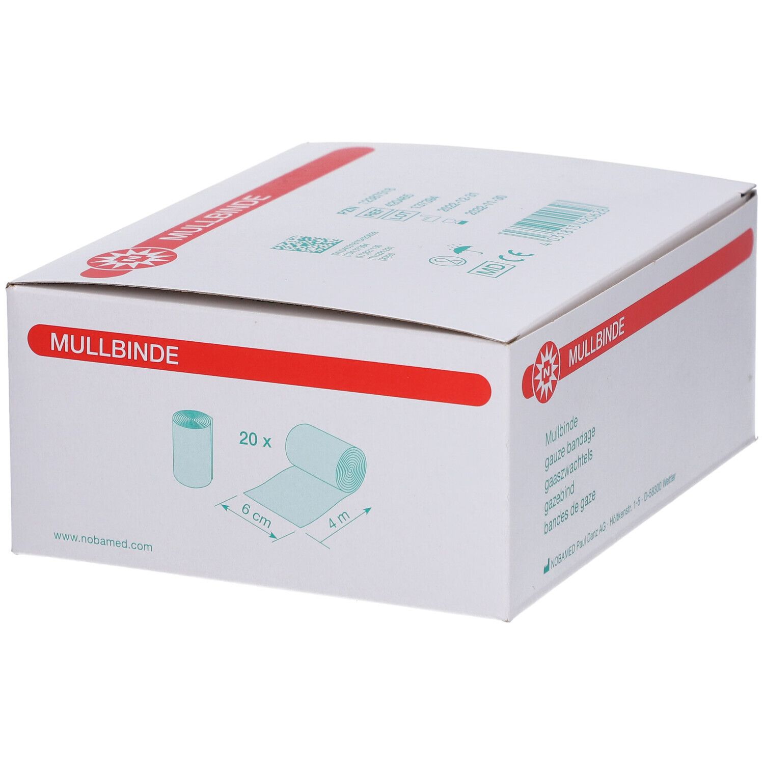 Weiße Verpackung mit rotem Streifen und 'Mullbinde'. Illustration von Verbandrolle. Maße: 6 cm x 4 m. 20 Stück.