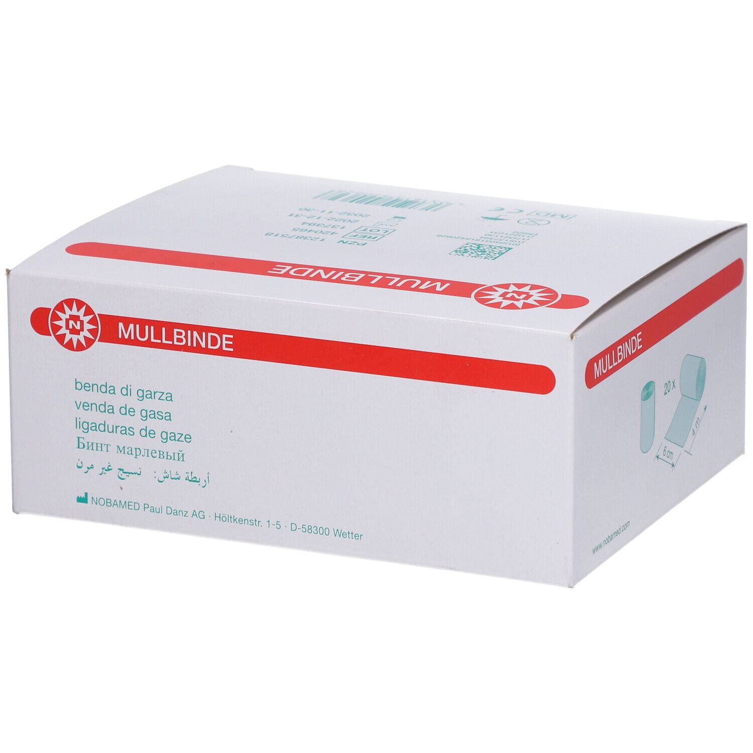 Weiße Verpackung mit rotem Streifen und 'Mullbinde'. Produktbezeichnung in verschiedenen Sprachen. Gaze-Bandage.