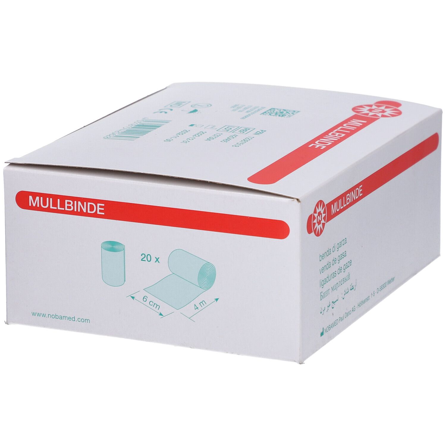 Weiße Verpackung mit rotem Streifen und 'Mullbinde'. Illustration von Verbandrolle. Maße: 6 cm x 4 m. 20 Stück.