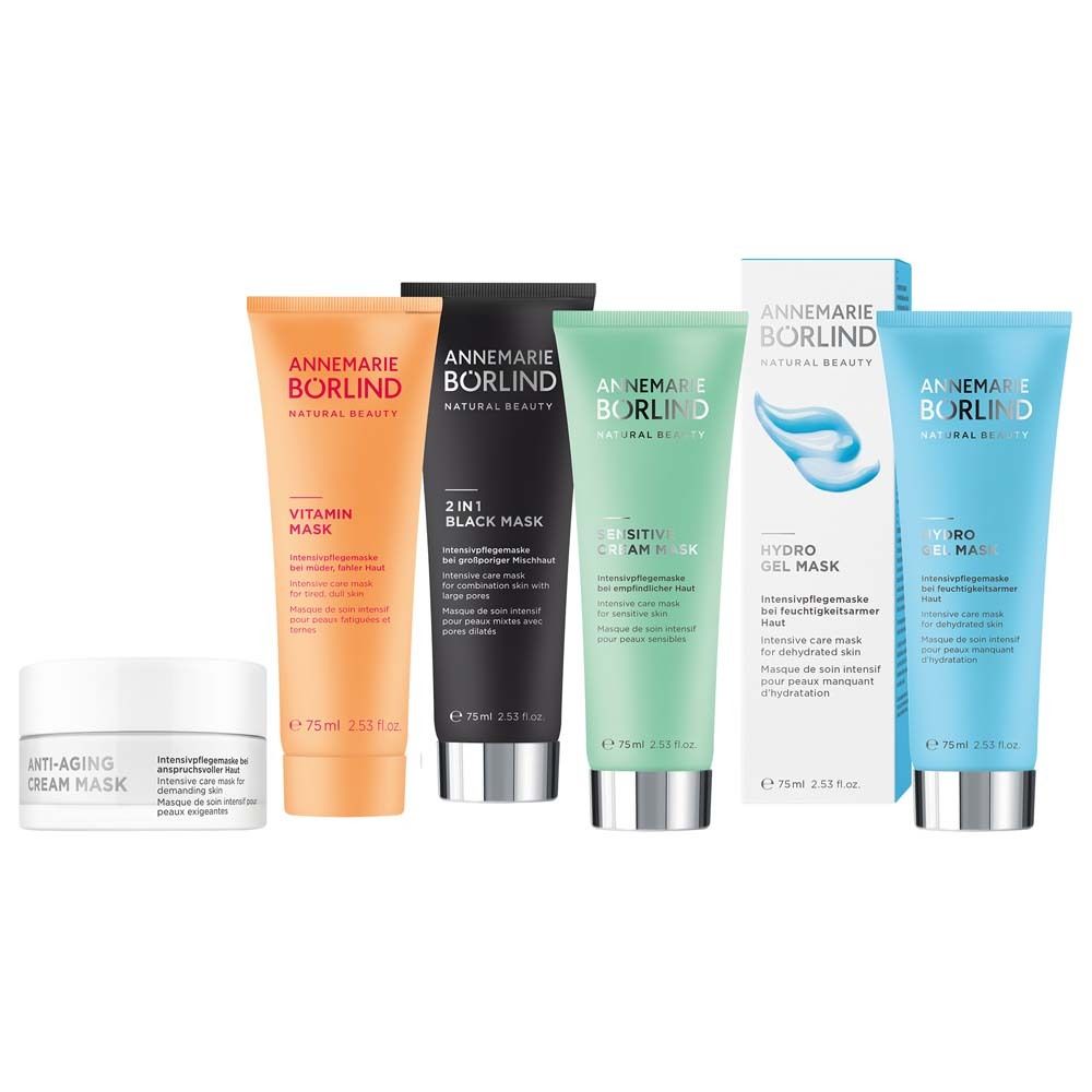 Verschiedene Tuben und Tiegel. Marke: ANNEMARIE BÖRLIND. Produkte: Vitamin Mask, 2 IN 1 BLACK MASK, Sensitive Cream.