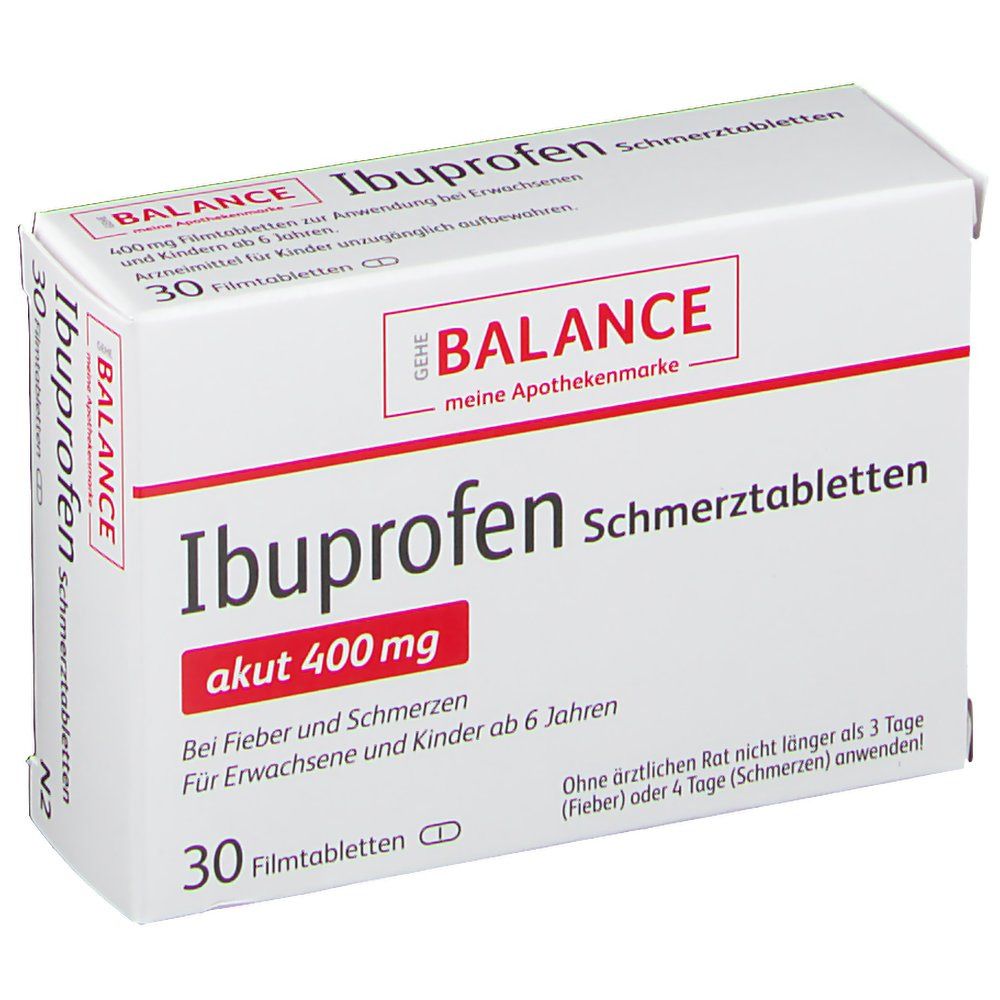 Schachtel mit Ibuprofen Schmerztabletten. Rote und weiße Verpackung mit Produktnamen und Dosierung. 30 Filmtabletten.