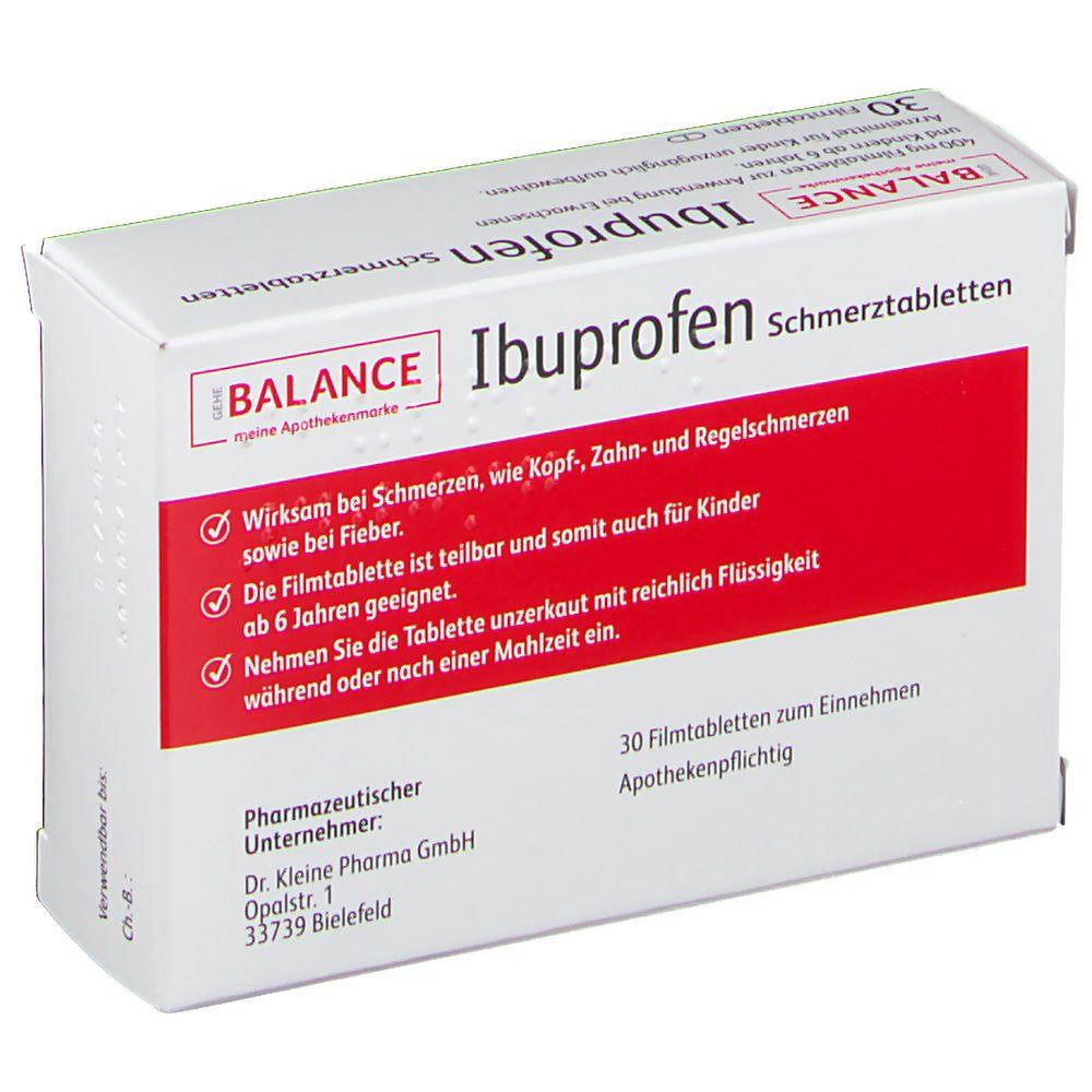 Schachtel mit Ibuprofen Schmerztabletten. Rote und weiße Verpackung. Produktname, Dosierung und Informationen zur Anwendung sind sichtbar.