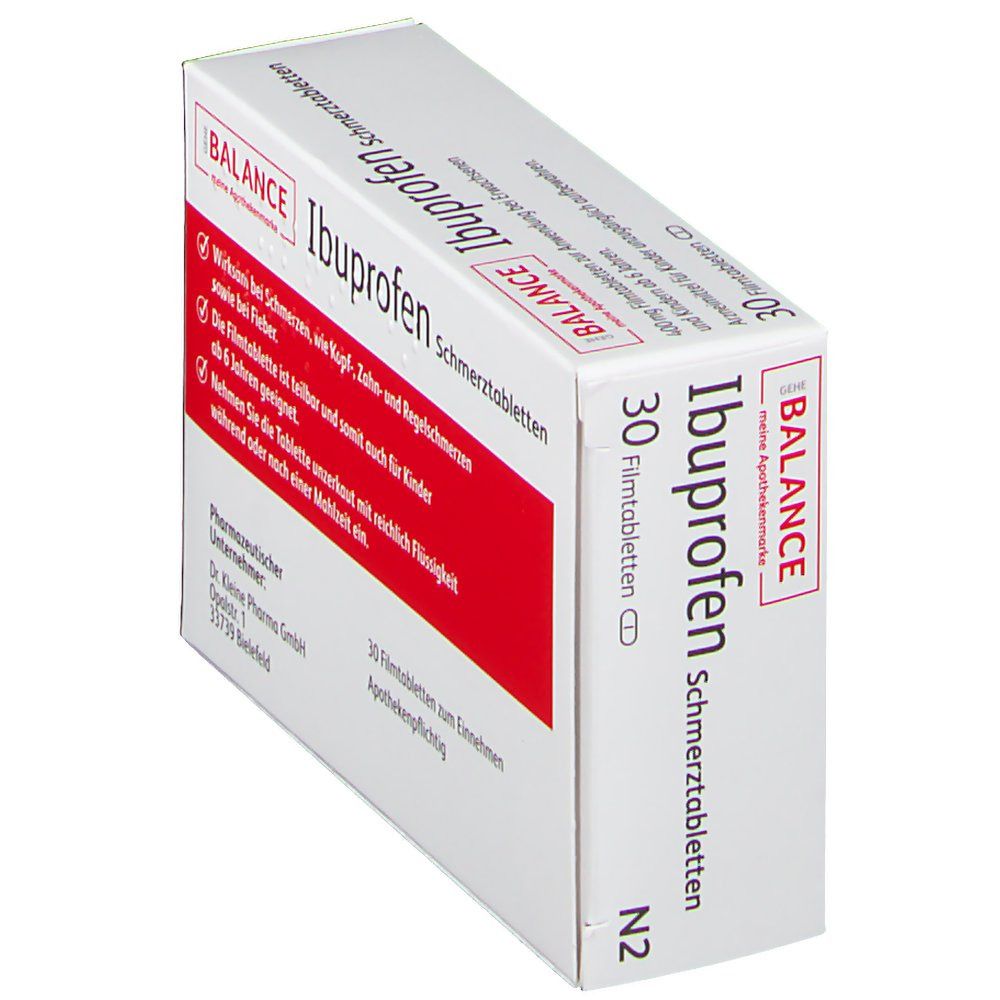 Schräg gestellte Schachtel mit Ibuprofen Schmerztabletten. Rote und weiße Verpackung. Produktname und Informationen zur Anwendung.