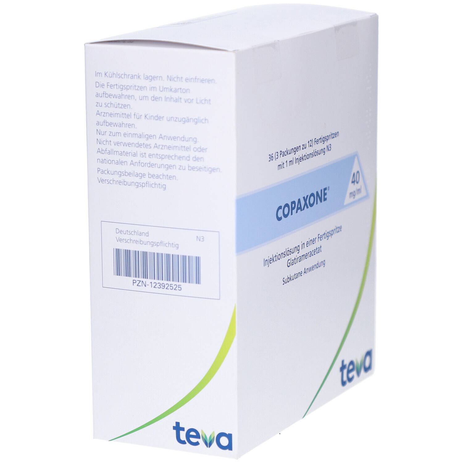 Weiße Verpackung mit COPAXONE-Logo. Enthält 36 Fertigspritzen. Teva-Logo unten rechts. Rückseite mit Text.