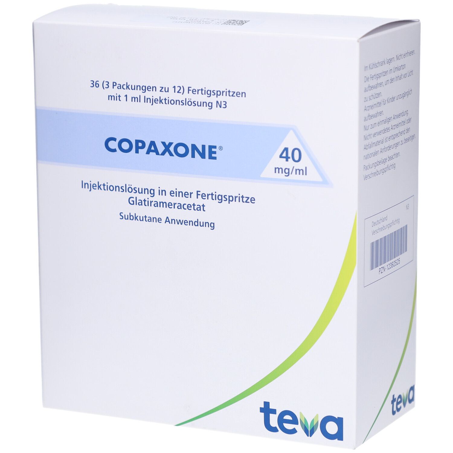 Weiße Verpackung mit COPAXONE-Logo und 40 mg/ml. Enthält 36 Fertigspritzen. Teva-Logo unten rechts.