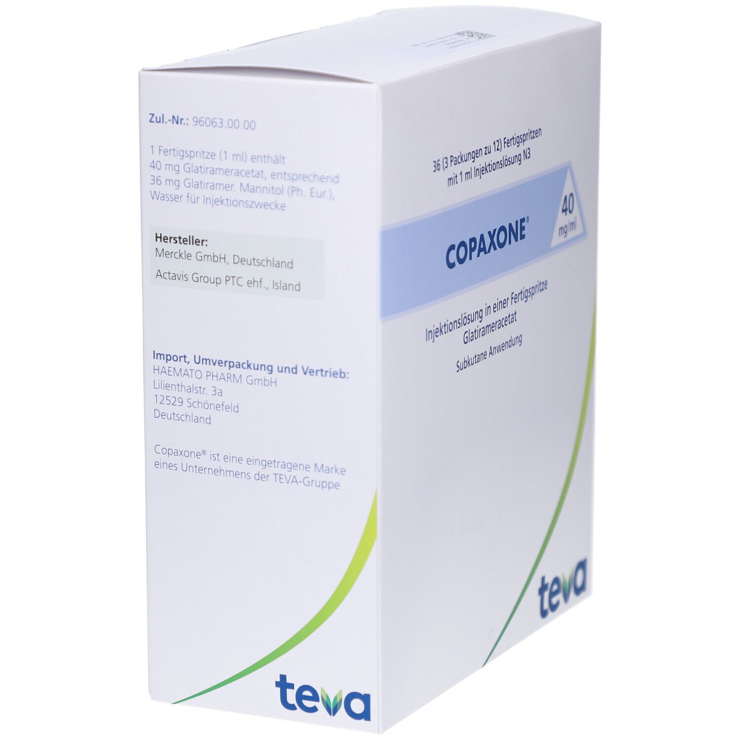Weiße Verpackung mit COPAXONE-Logo und 40 mg/ml. Enthält 36 Fertigspritzen. Teva-Logo unten rechts.