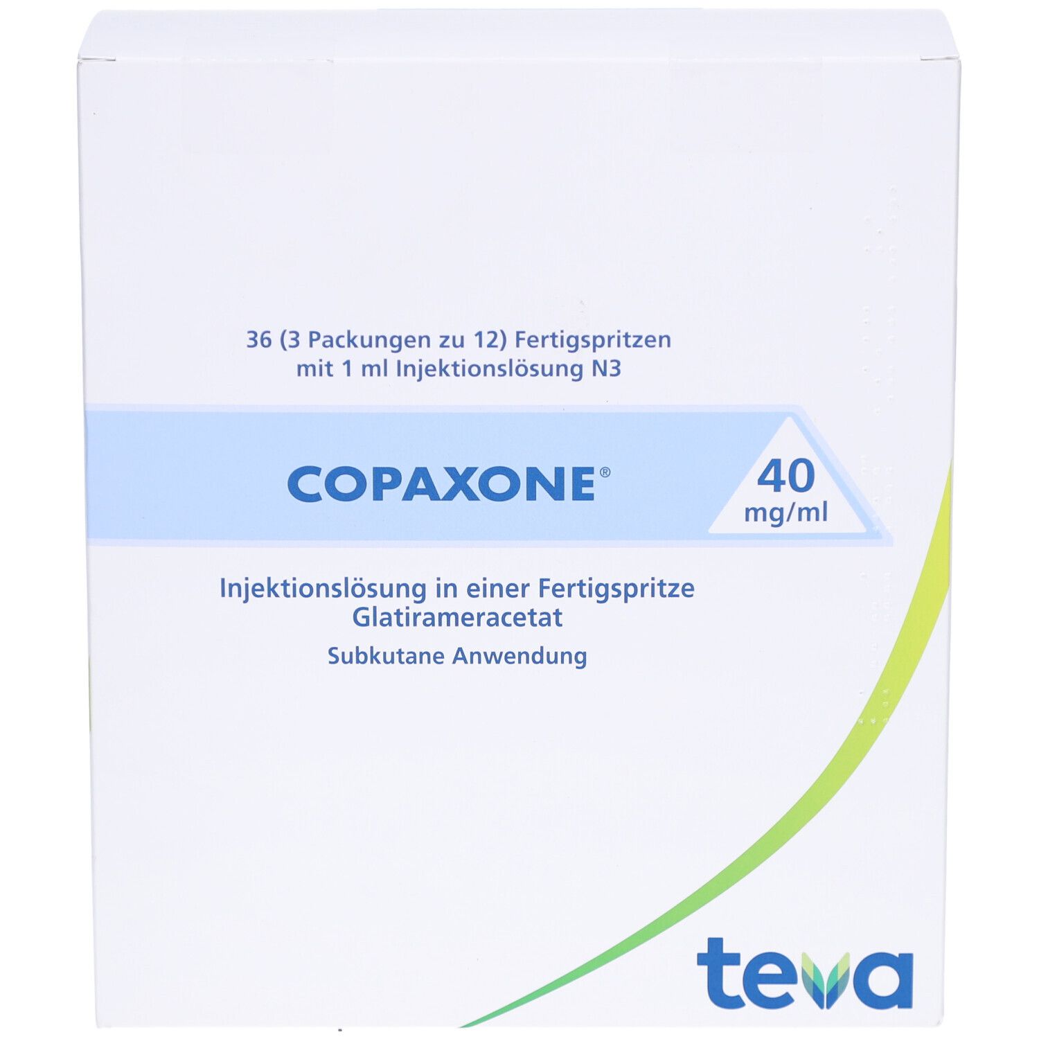 Weiße Verpackung mit COPAXONE-Logo und 40 mg/ml. Enthält 36 Fertigspritzen. Teva-Logo unten rechts.