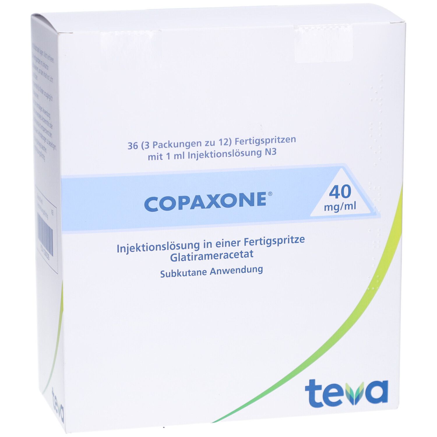 Weiße Verpackung mit COPAXONE-Logo und 40 mg/ml. Enthält 36 Fertigspritzen. Teva-Logo unten rechts.
