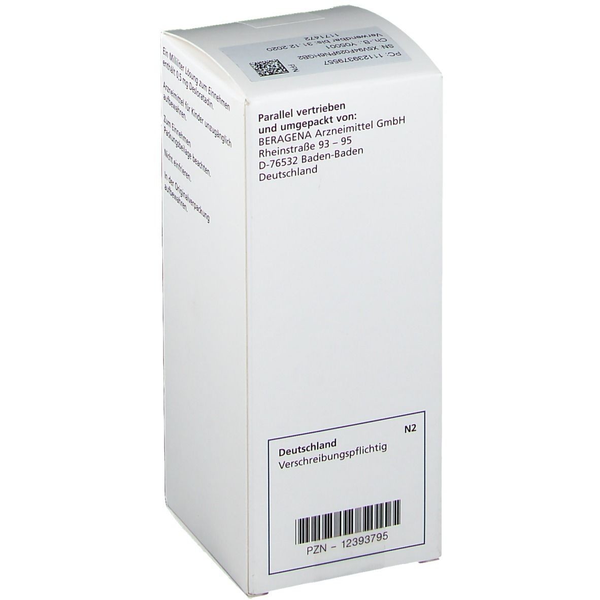 Weiße Schachtel mit Text. Aufschrift: Parallel vertrieben von BERAGENA Arzneimittel GmbH. Barcode und weitere Informationen.