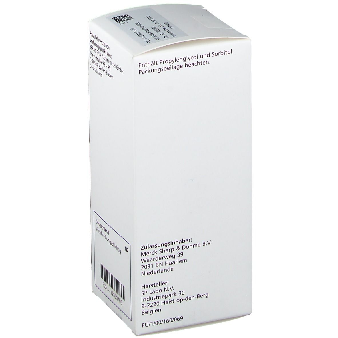 Weiße Schachtel mit Text. Aufschrift: Zulassungsinhaber Merck Sharp & Dohme B.V. Hersteller: SP Labo N.V. Weitere Informationen.