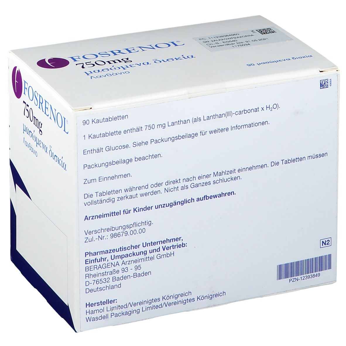 Rückseite der FOSRENOL 750mg Kautabletten B-Packung. Enthält Informationen zu Inhaltsstoffen, Dosierung und Hersteller.