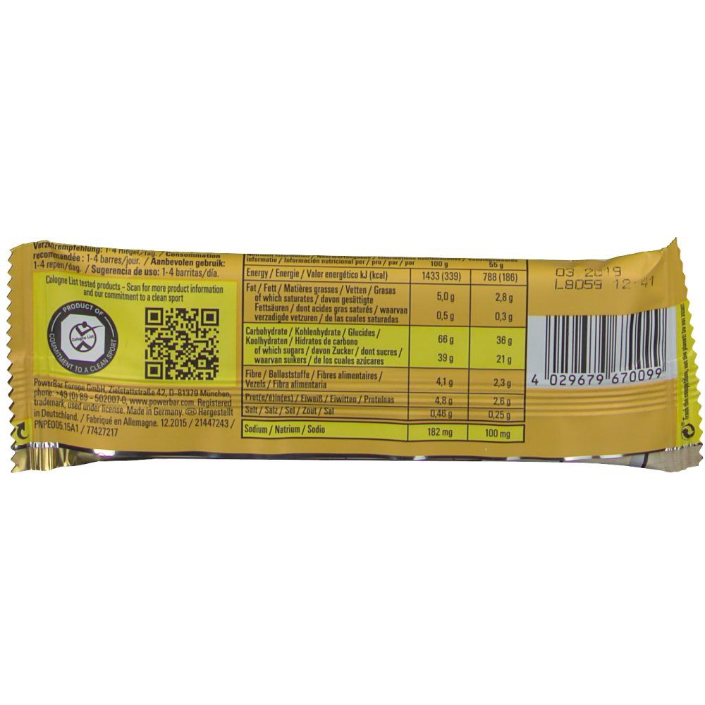 Verpackung einer Powerbar Energize Vanilla. Gelbe Verpackung mit Nährwertangaben, QR-Code und Barcode. Sichtbare Logos und Text.