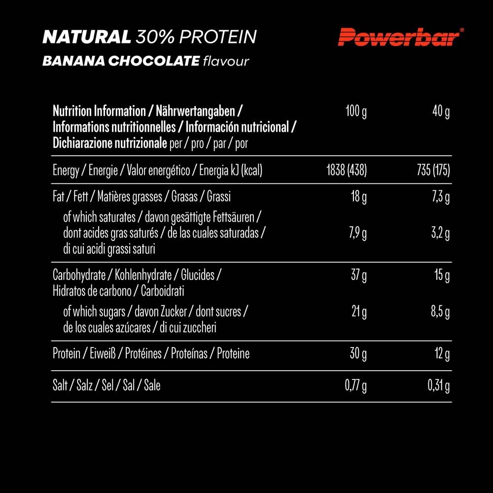Nährwerttabelle für Powerbar NATURAL PROTEIN Banane-Schokolade. Angaben pro 100g und 40g. Enthält Energie, Fett, Kohlenhydrate, Protein, Salz.