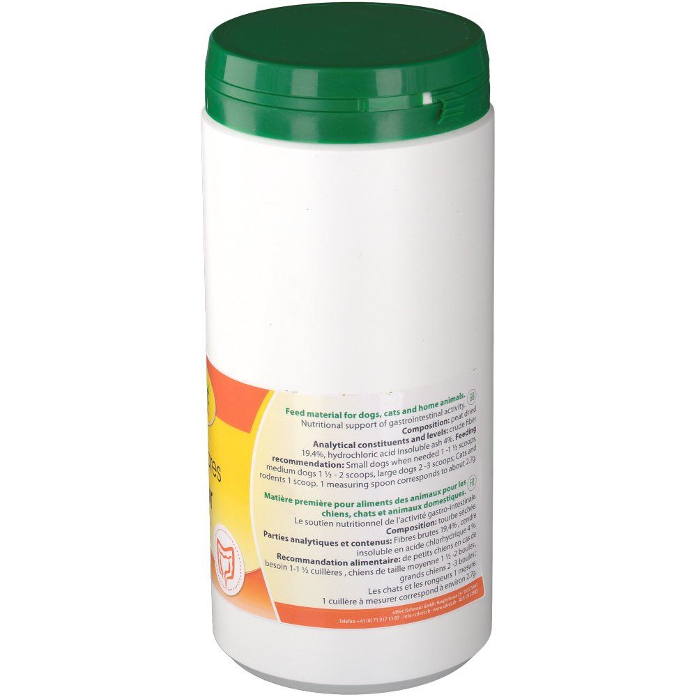 Rückseite der weißen Dose mit grünem Deckel. Etikett mit Text in Deutsch und Französisch, Beschreibung des Inhalts.