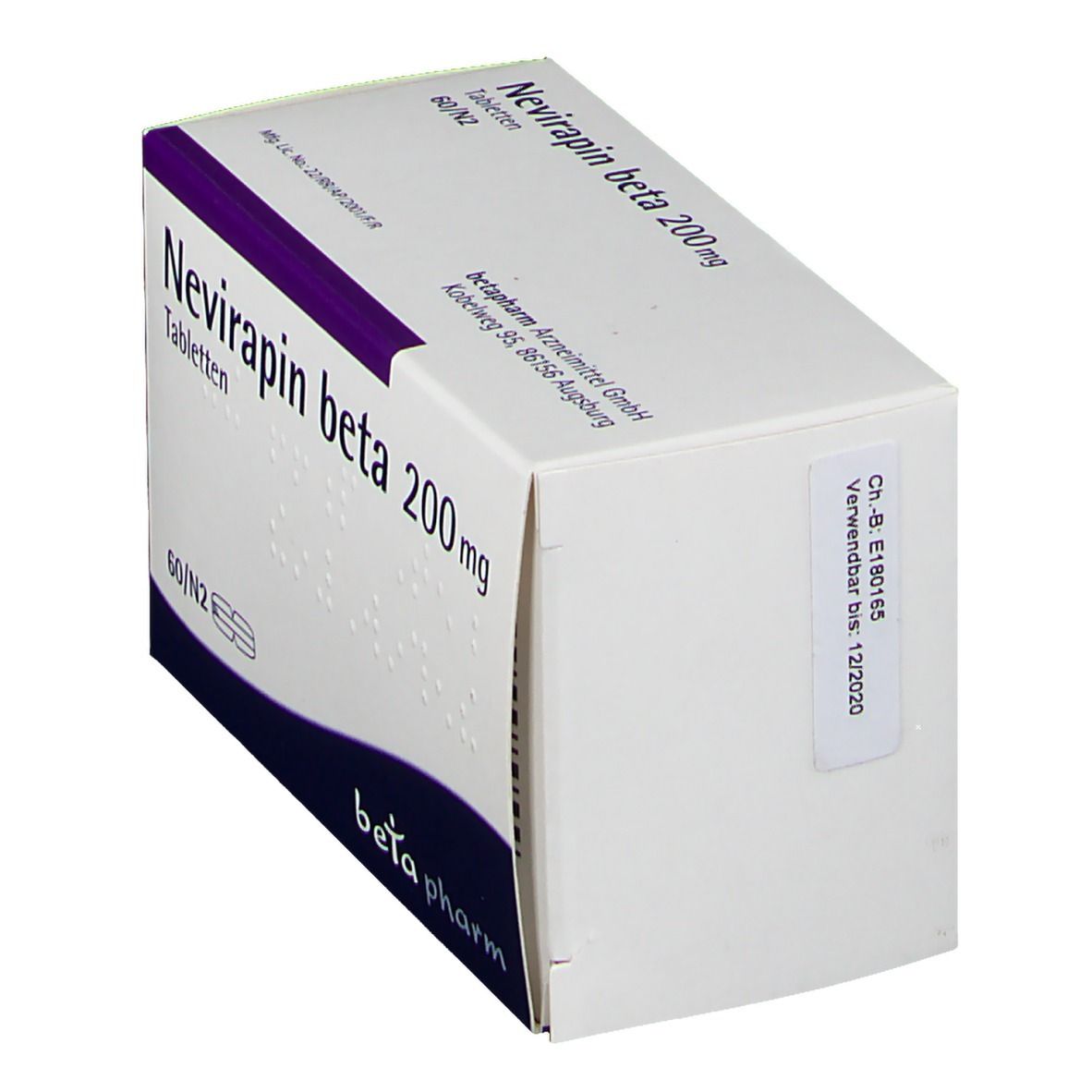 Schachtel Nevirapin beta 200 mg Tabletten. Weiß, mit lila und blauem Design. Etikett mit Verfallsdatum.
