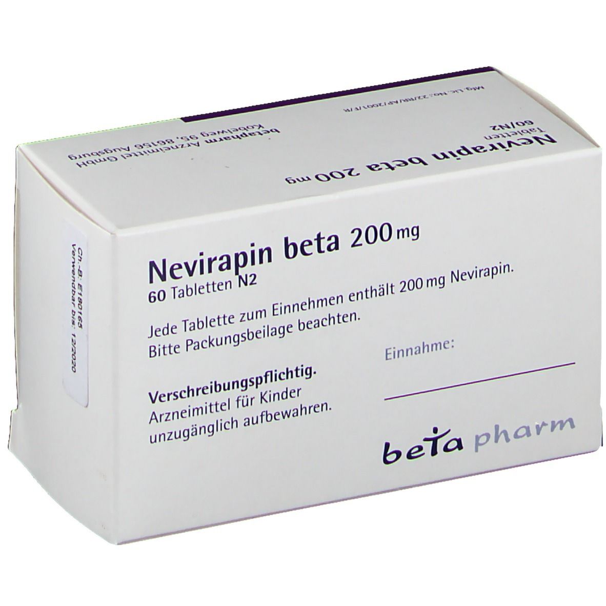 Schachtel Nevirapin beta 200 mg Tabletten. Weiß, mit lila und blauem Design. Beschriftung: beta pharm.