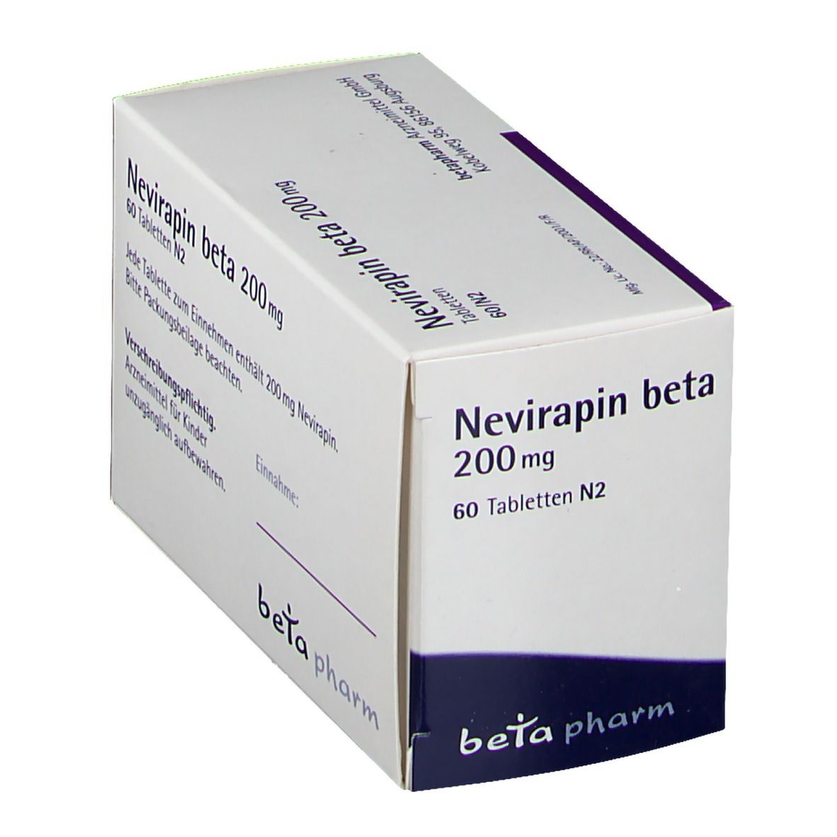 Schachtel Nevirapin beta 200 mg Tabletten. Weiß, mit lila und blauem Design. Beschriftung: beta pharm.