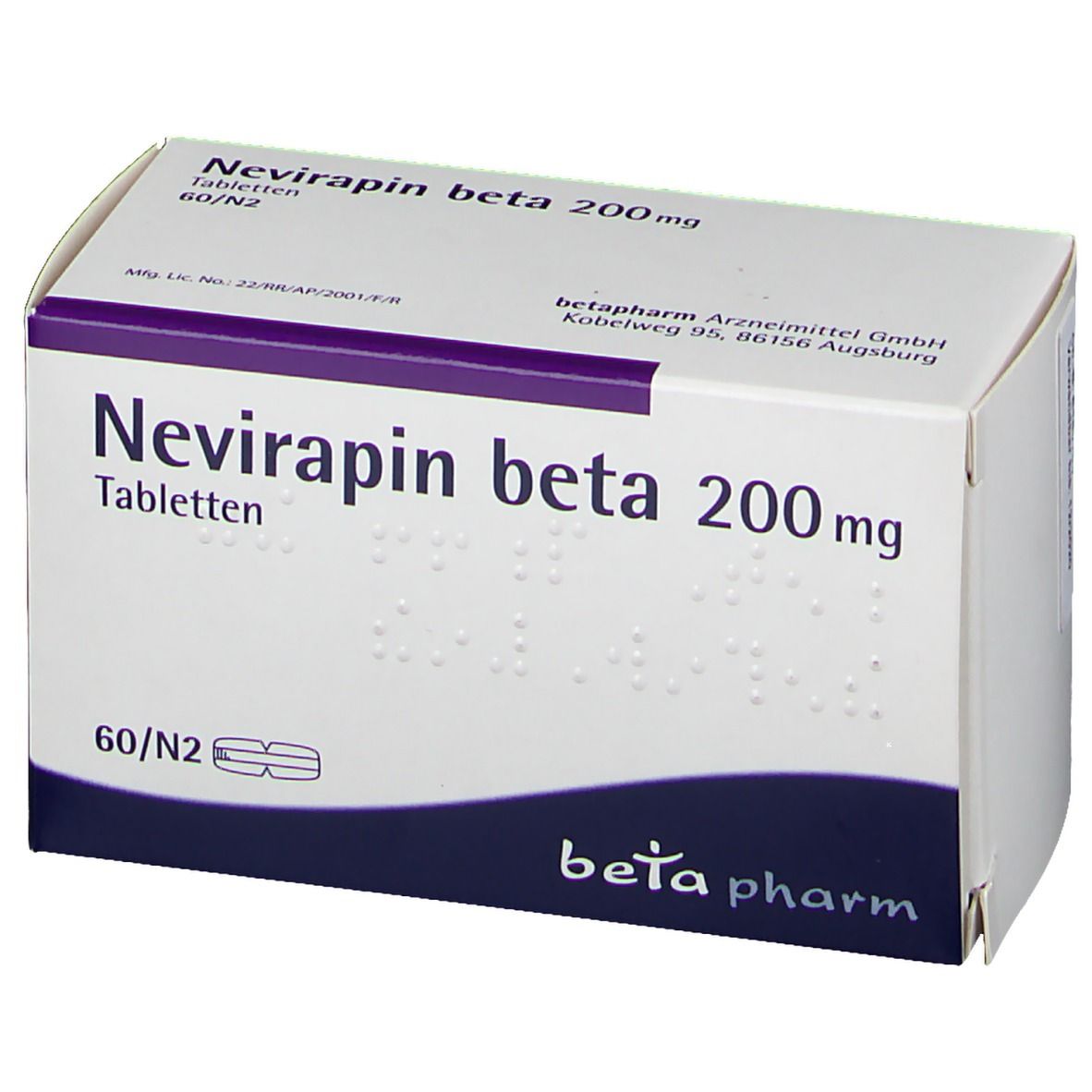 Schachtel Nevirapin beta 200 mg Tabletten. Weiß, mit lila und blauem Design. Beschriftung: beta pharm.