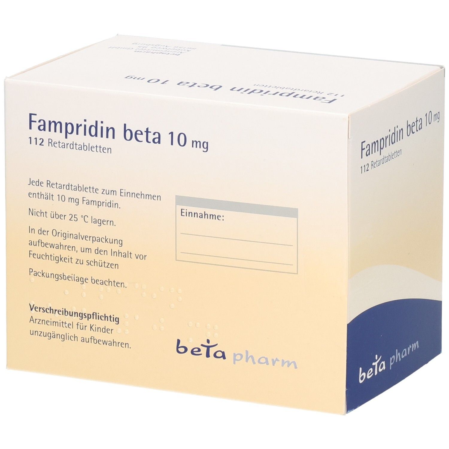 Fampridin beta 10 mg Retardtabletten Karton mit Einnahmehinweis.