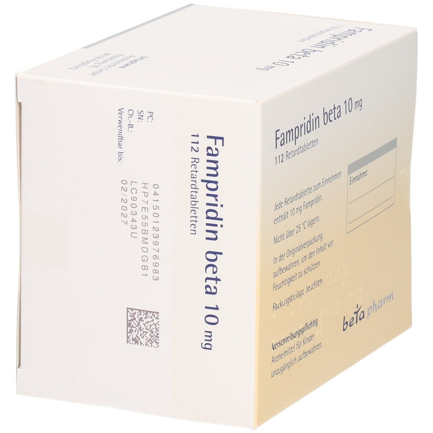 Fampridin beta 10 mg Retardtabletten Karton mit Chargennummer und Verfallsdatum.
