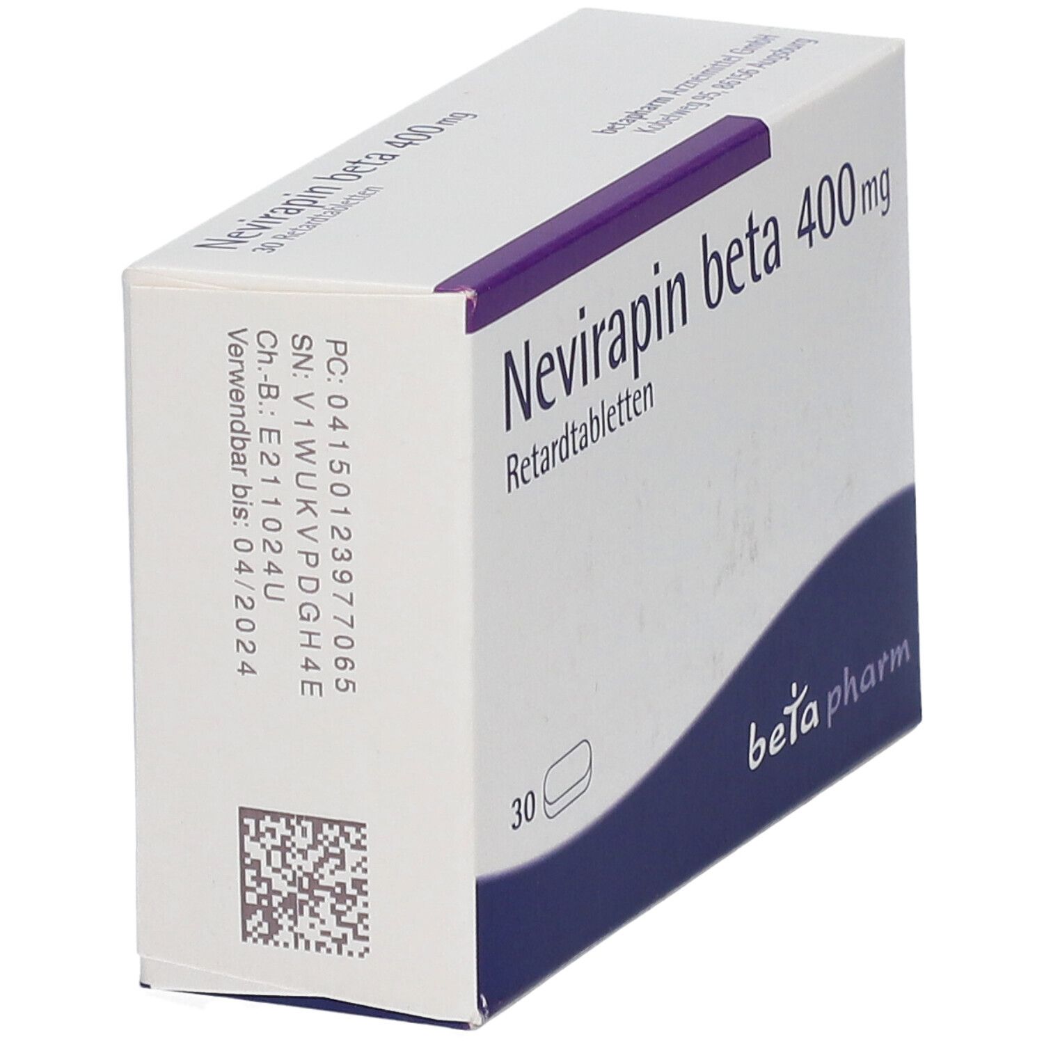 Schachtel mit Nevirapin beta 400 mg Retardtabletten. 30 Tabletten. Marke: beta pharm. Rückseite mit Text und Barcode.