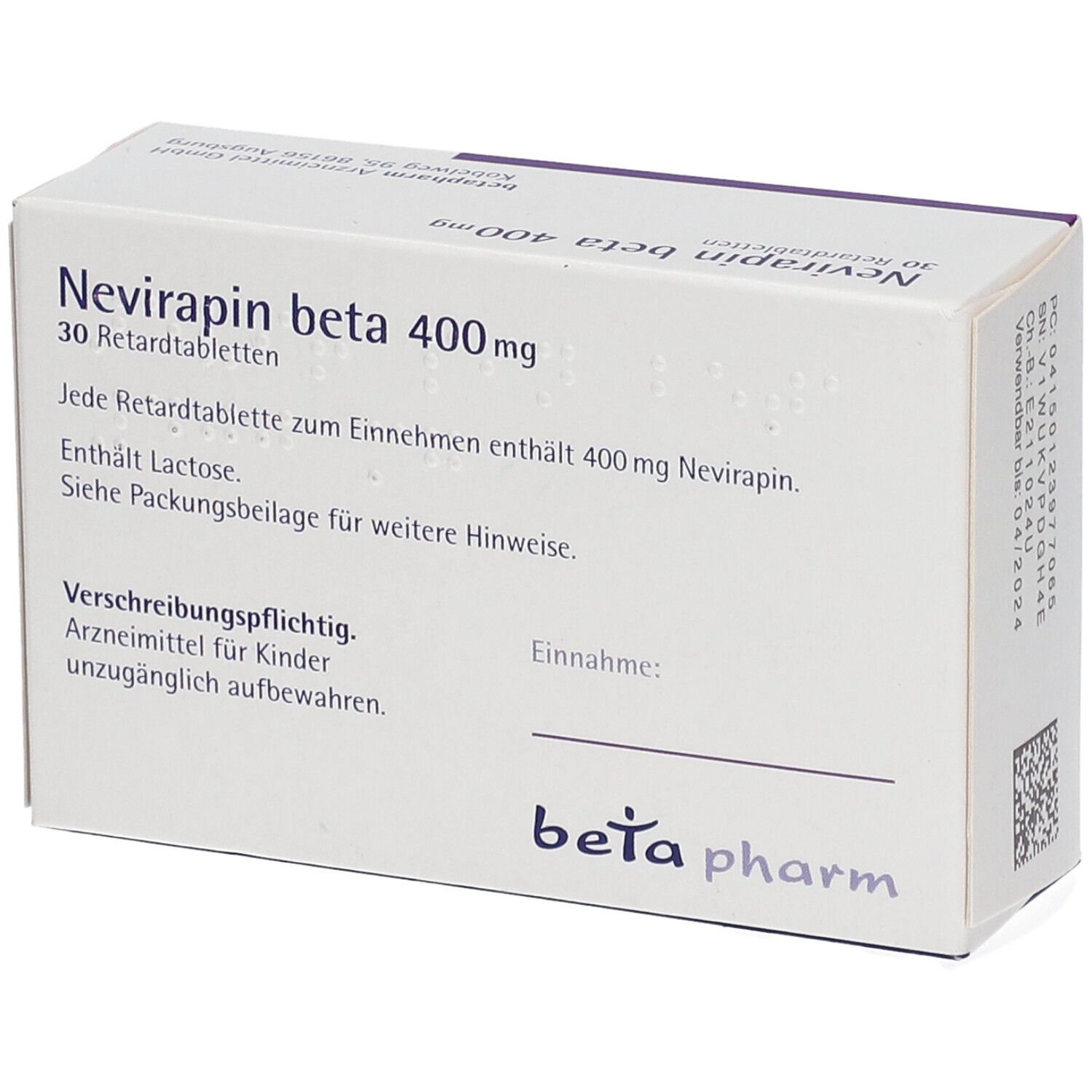 Schachtel mit Nevirapin beta 400 mg Retardtabletten. 30 Tabletten. Marke: beta pharm. Text auf der Rückseite.