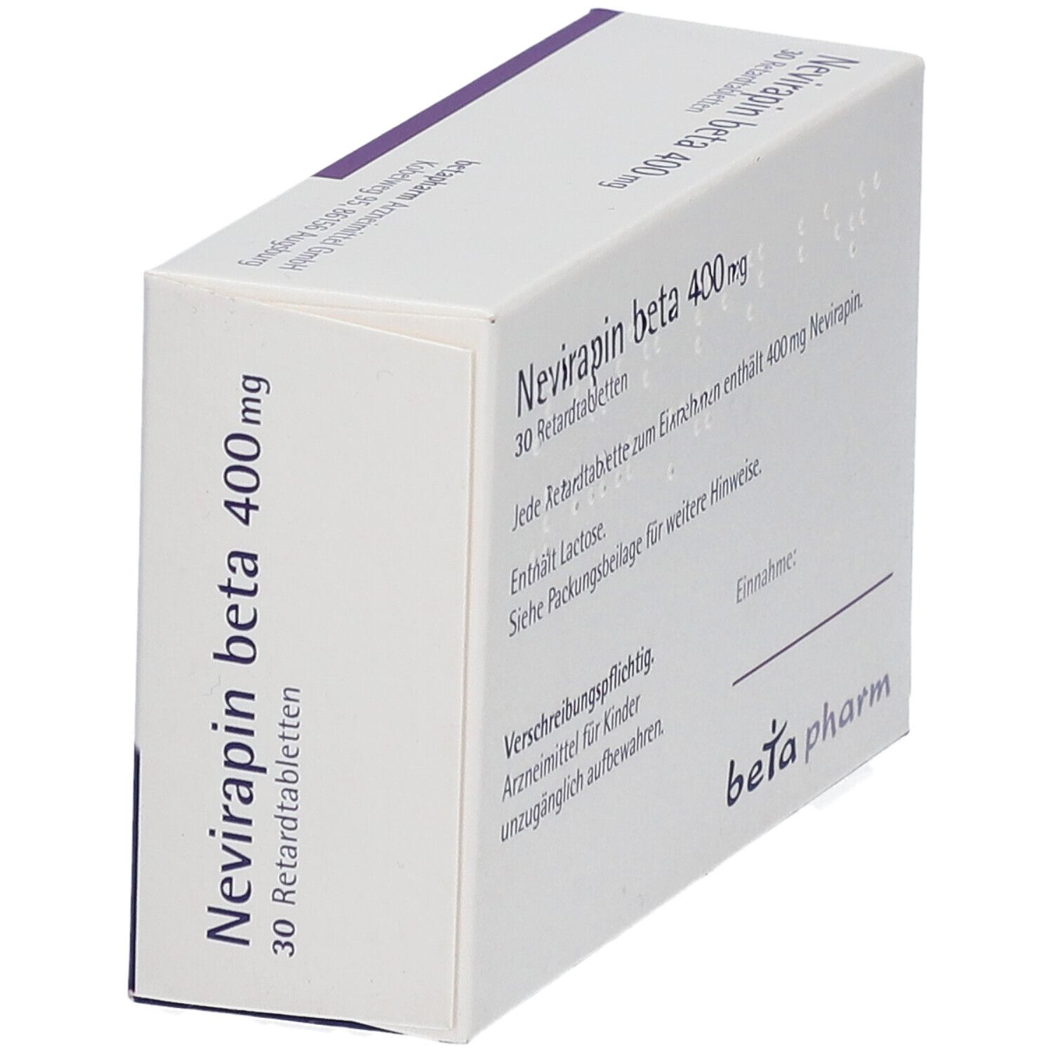 Schachtel mit Nevirapin beta 400 mg Retardtabletten. 30 Tabletten. Marke: beta pharm. Schräge Ansicht.