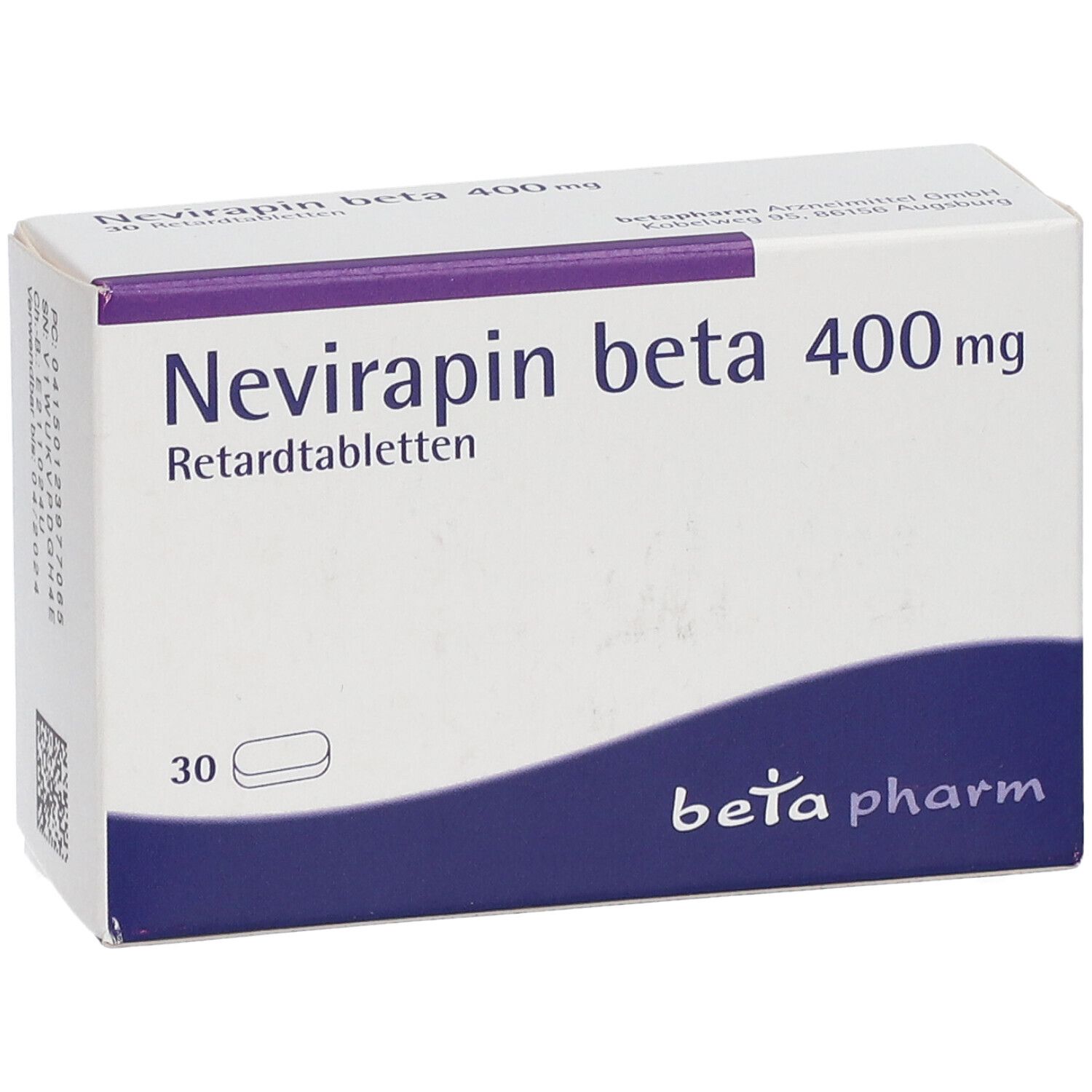 Schachtel mit Nevirapin beta 400 mg Retardtabletten. 30 Tabletten. Marke: beta pharm. Blaue und weiße Farbgebung.