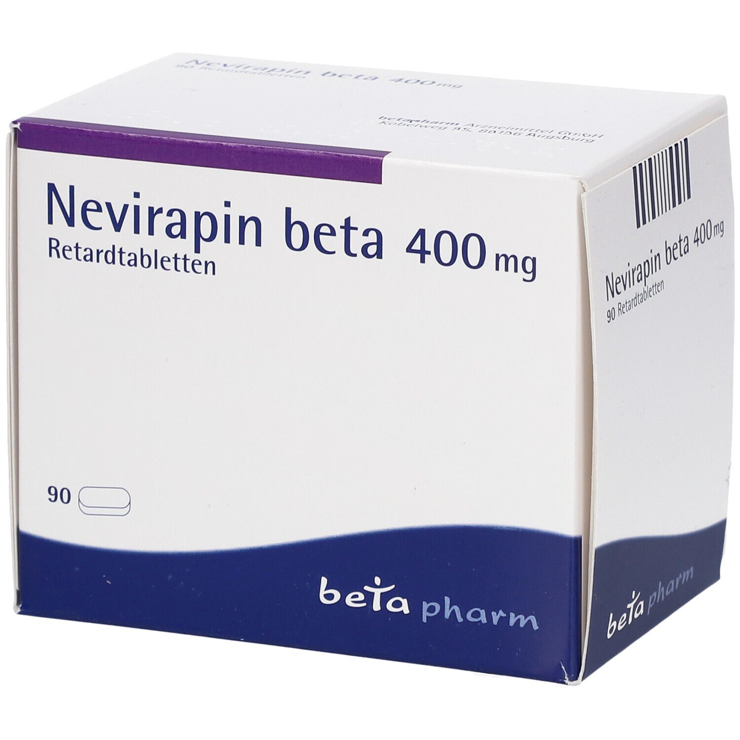 Schachtel mit Nevirapin beta 400 mg Retardtabletten. 90 Tabletten. Marke: beta pharm. Weiß, lila und blau.