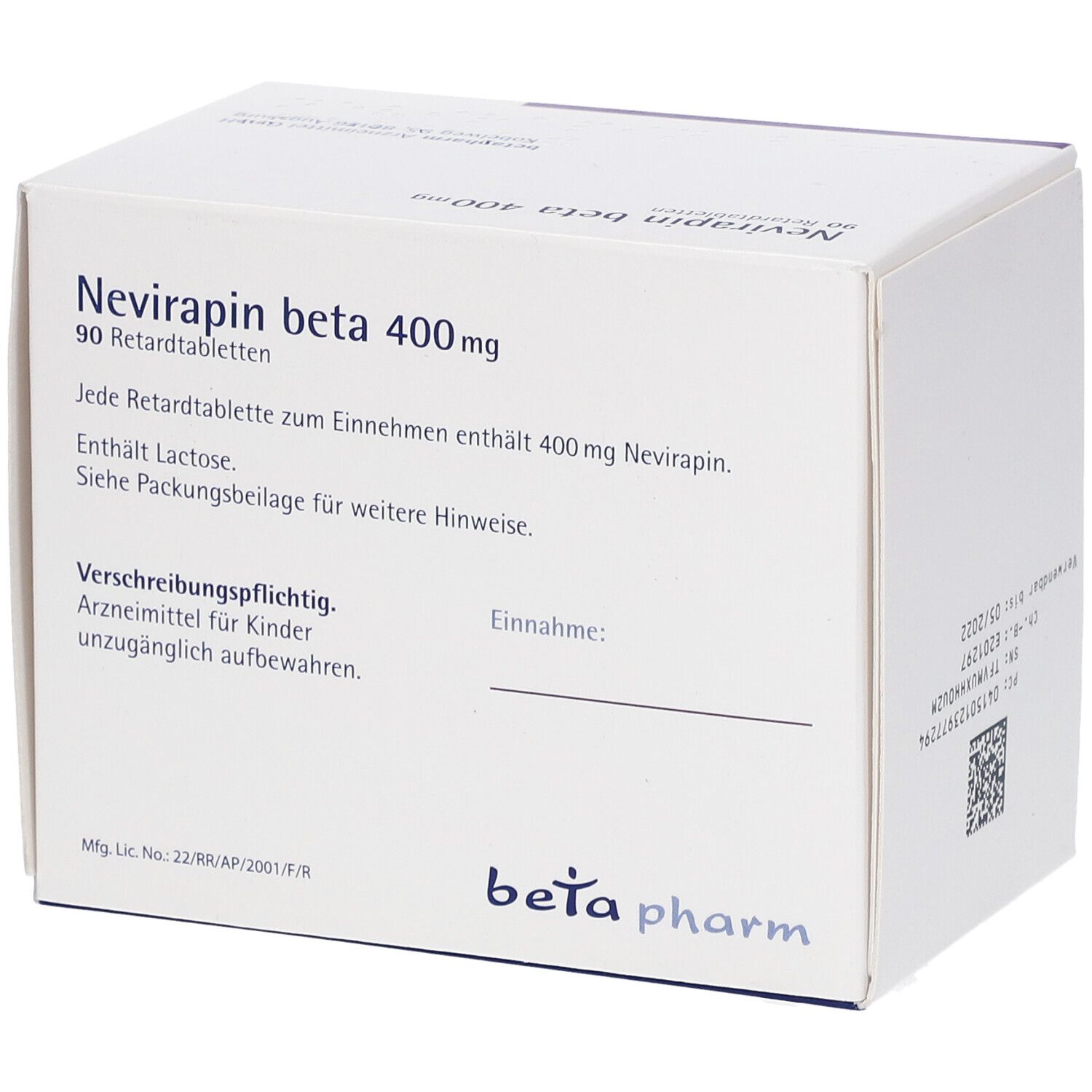 Rückseite der Schachtel mit Nevirapin beta 400 mg. Textinformationen und Barcode. Marke: beta pharm.