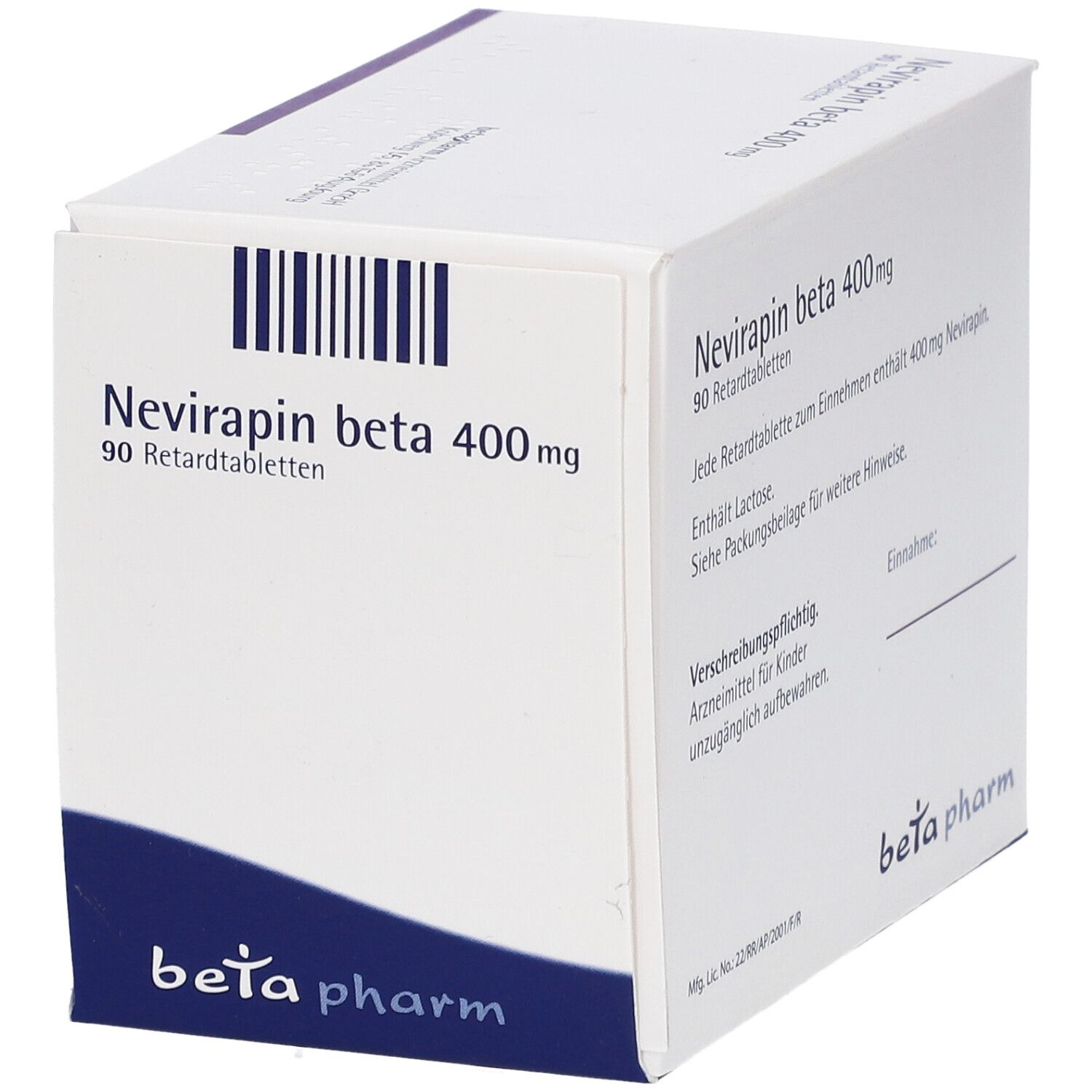 Schachtel mit Nevirapin beta 400 mg. 90 Retardtabletten. Marke: beta pharm. Ansicht von links.