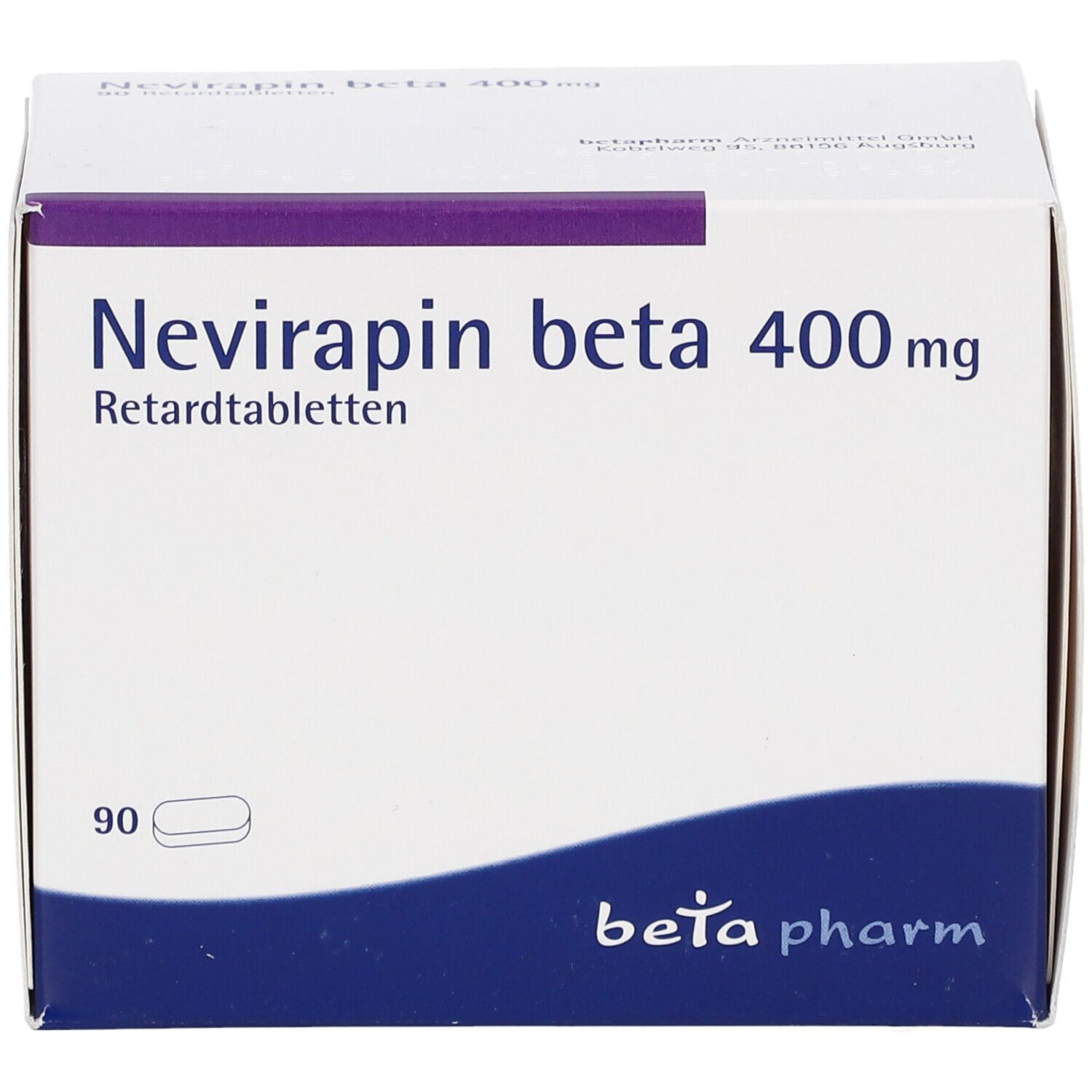 Schachtel mit Nevirapin beta 400 mg Retardtabletten. 90 Tabletten. Marke: beta pharm. Nahaufnahme.