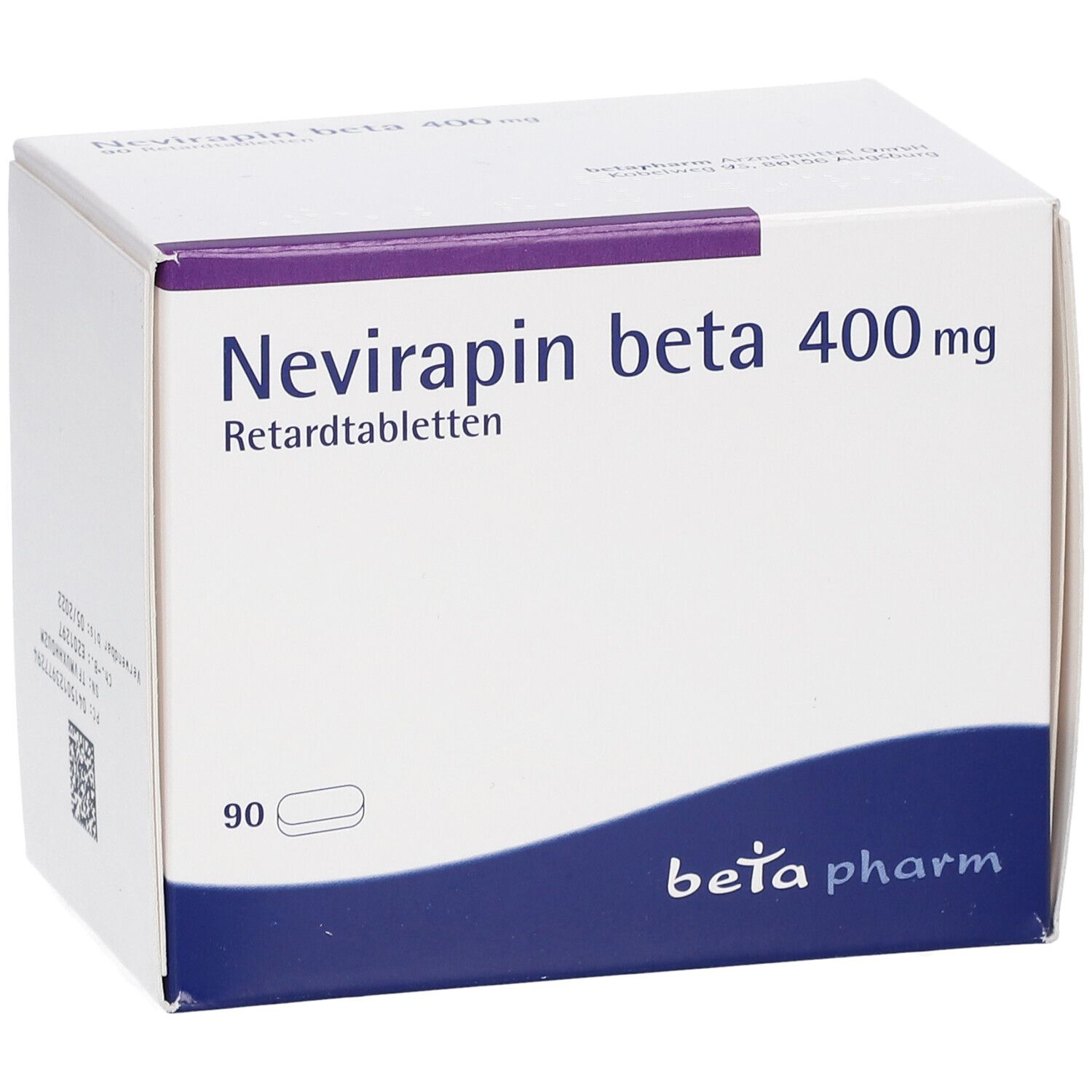 Schachtel mit Nevirapin beta 400 mg Retardtabletten. 90 Tabletten. Marke: beta pharm. Perspektivansicht.