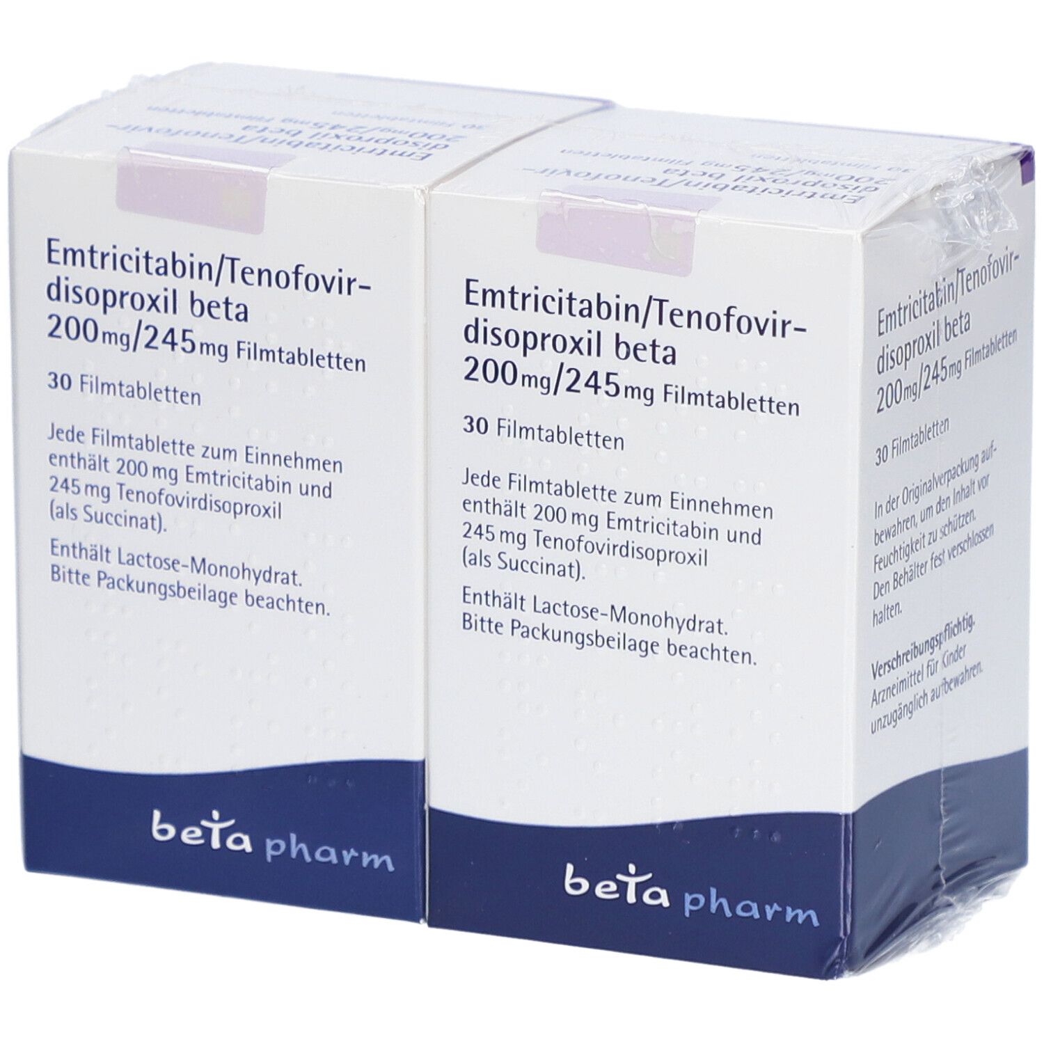 Zwei Packungen Emtricitabin/Tenofovirdisoproxil beta 200mg/245mg Filmtabletten. Weiße Schachteln mit blauer und violetter Schrift.