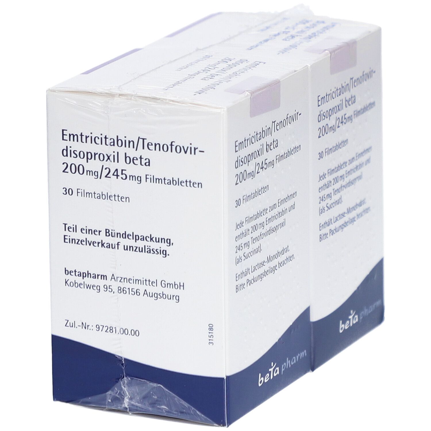 Zwei Packungen Emtricitabin/Tenofovirdisoproxil beta 200mg/245mg Filmtabletten. Weiße Schachteln mit blauer und violetter Schrift.