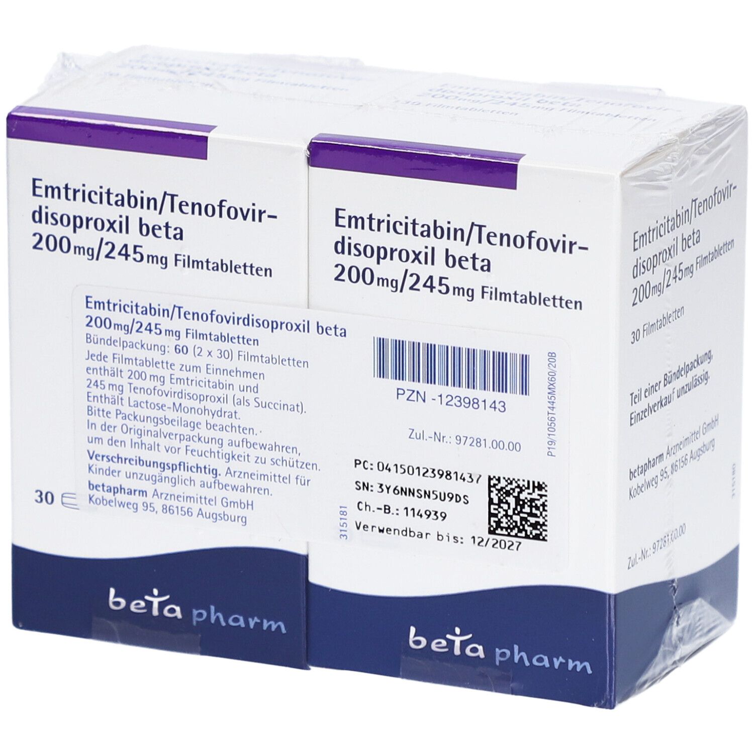 Zwei Packungen Emtricitabin/Tenofovirdisoproxil beta 200mg/245mg Filmtabletten. Weiße Schachteln mit blauer und violetter Schrift.