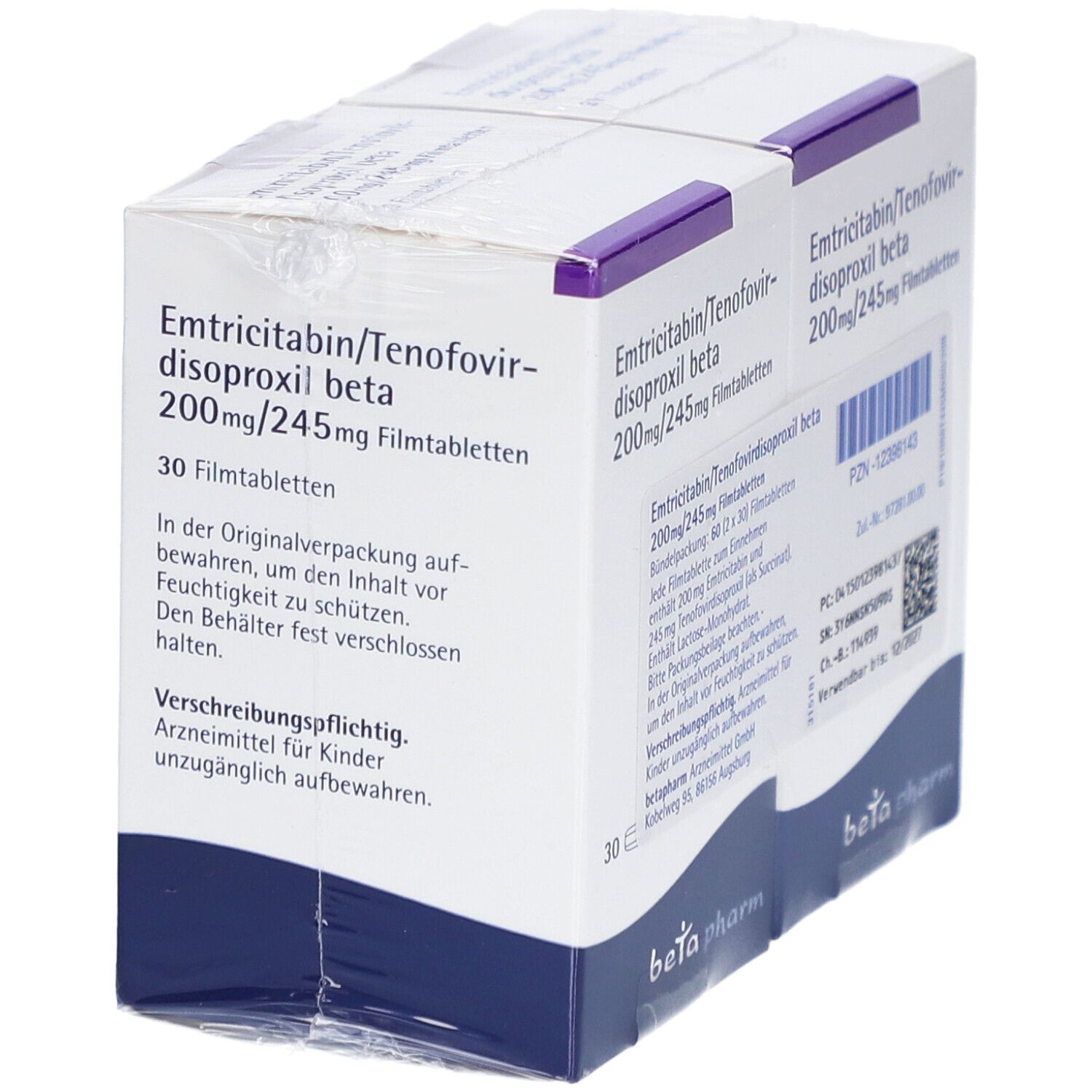 Zwei Packungen Emtricitabin/Tenofovirdisoproxil beta 200mg/245mg Filmtabletten. Weiße Schachteln mit blauer und violetter Schrift.