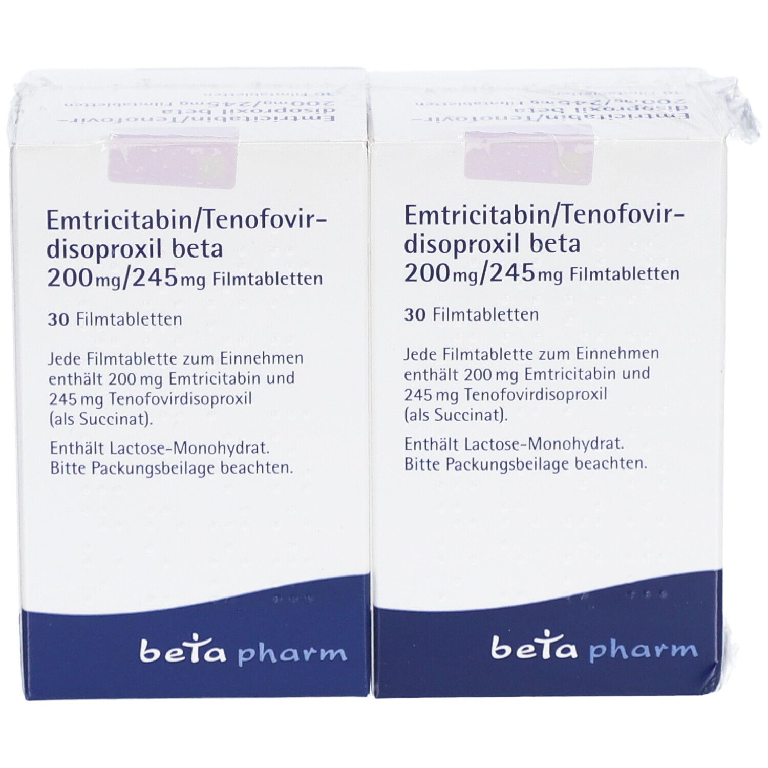 Zwei Packungen Emtricitabin/Tenofovirdisoproxil beta 200mg/245mg Filmtabletten. Weiße Schachteln mit blauer und violetter Schrift.