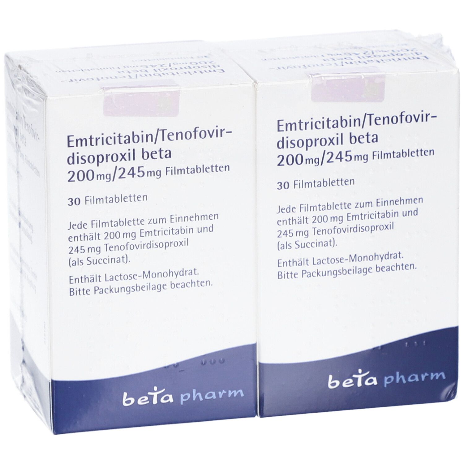 Zwei Packungen Emtricitabin/Tenofovirdisoproxil beta 200mg/245mg Filmtabletten. Weiße Schachteln mit blauer und violetter Schrift.
