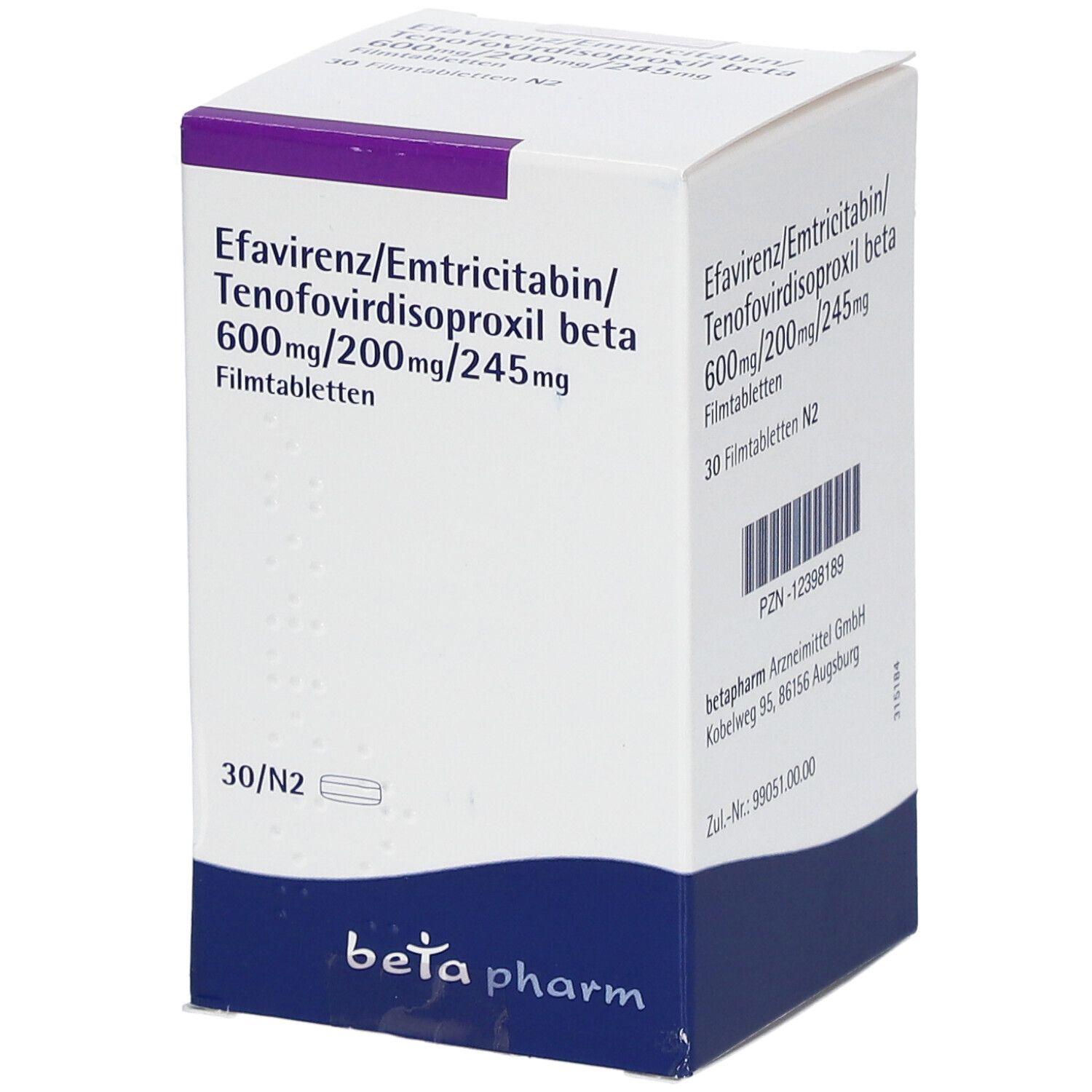 Schachtel mit Medikamenten. Beschriftung: Efavirenz/Emtricitabin/Tenofovirdisoproxil beta 600mg/200mg/245mg. Marke: beta pharm. 30 Filmtabletten.