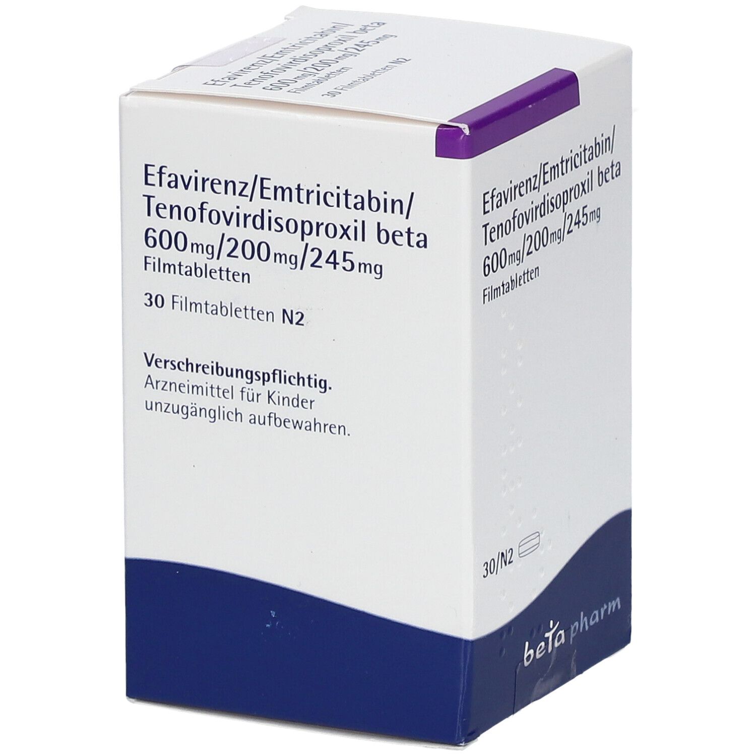 Medikamentenbox mit Aufschrift: Efavirenz/Emtricitabin/Tenofovirdisoproxil beta 600mg/200mg/245mg. 30 Filmtabletten. Marke: beta pharm. Rezeptpflichtig.
