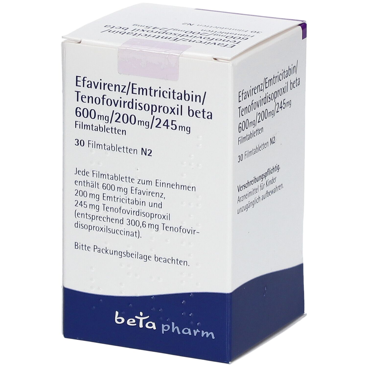 Medikamentenbox mit Aufschrift: Efavirenz/Emtricitabin/Tenofovirdisoproxil beta 600mg/200mg/245mg. 30 Filmtabletten. Marke: beta pharm. Inhaltsangabe.