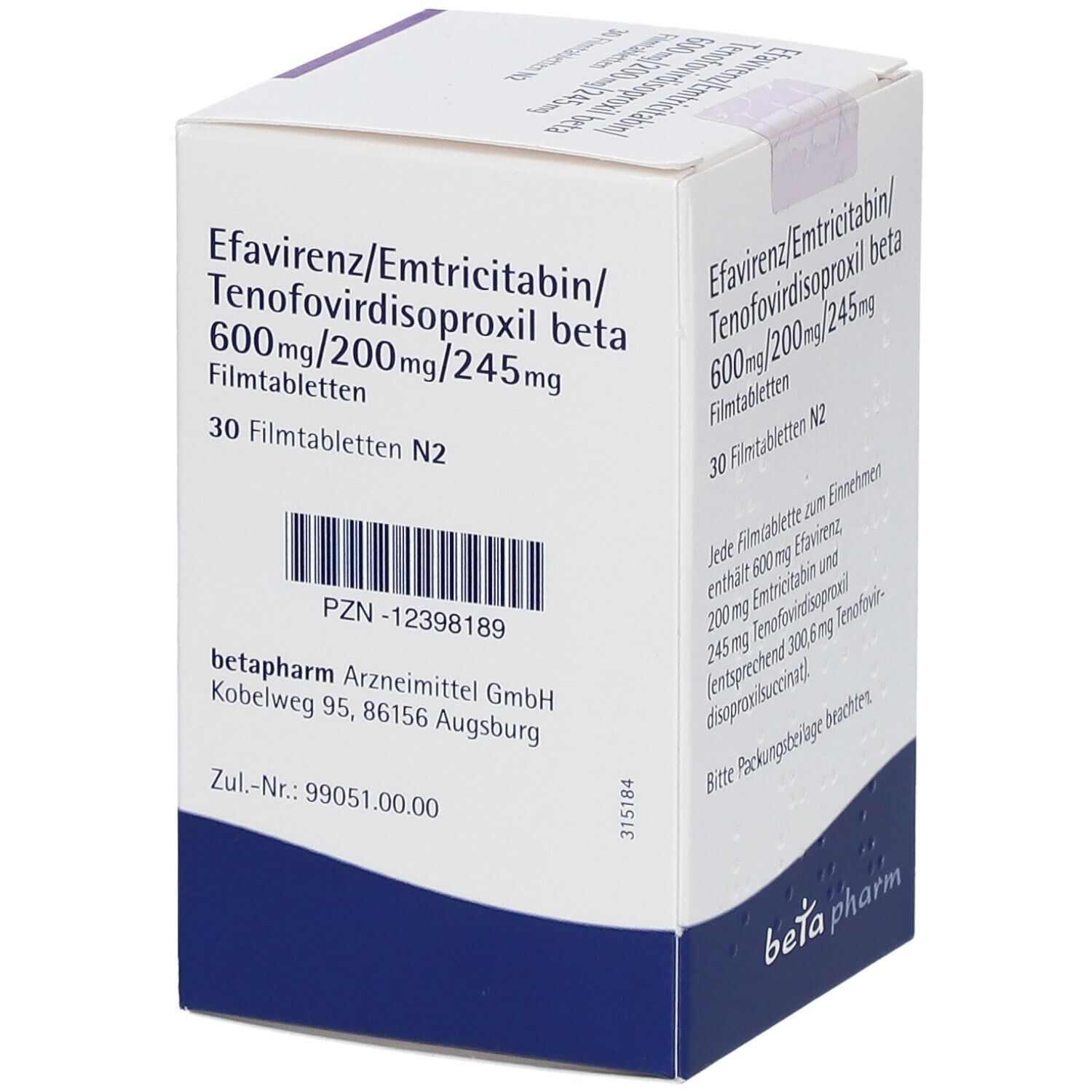 Medikamentenbox mit Aufschrift: Efavirenz/Emtricitabin/Tenofovirdisoproxil beta 600mg/200mg/245mg. 30 Filmtabletten. Marke: beta pharm. PZN-12398189.