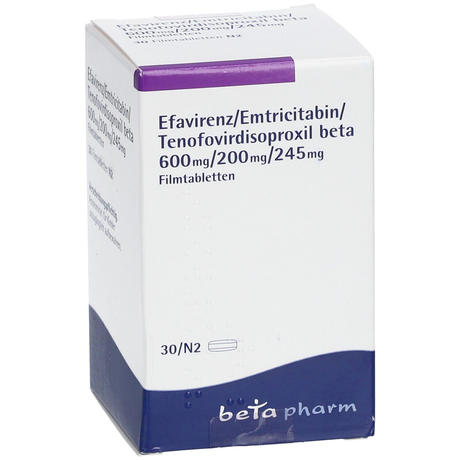 Medikamentenbox mit Aufschrift: Efavirenz/Emtricitabin/Tenofovirdisoproxil beta 600mg/200mg/245mg. 30 Filmtabletten. Marke: beta pharm.